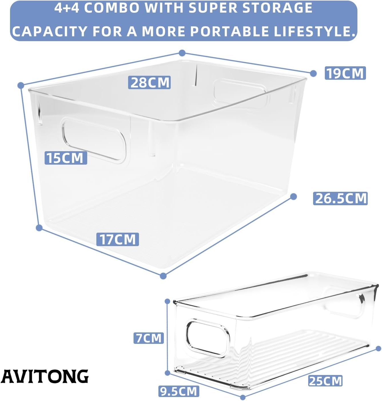 AVITONG 8-Piece Fridge Organizer Bin Set &ndash; 4 Large & 4 Small Clear Storage Bins with Handles, Stackable Bpa-Free Pantry & Kitchen Containers