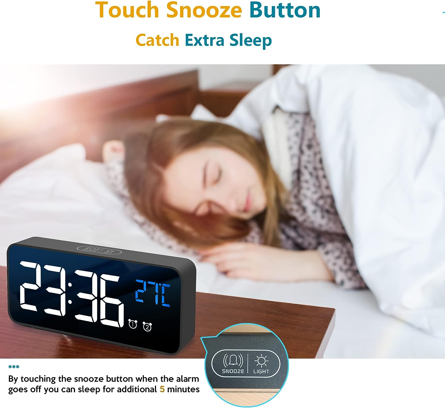 【2026 Upgraded】Digital Alarm Clock with Large Led Temperature Display, Portable Alarm Clock Digital, Snooze Time, Four-Level Adjustable Brightness Dimmer, 13 Music USB Charging Ports for Table Bedroom - 8808-White image number 2