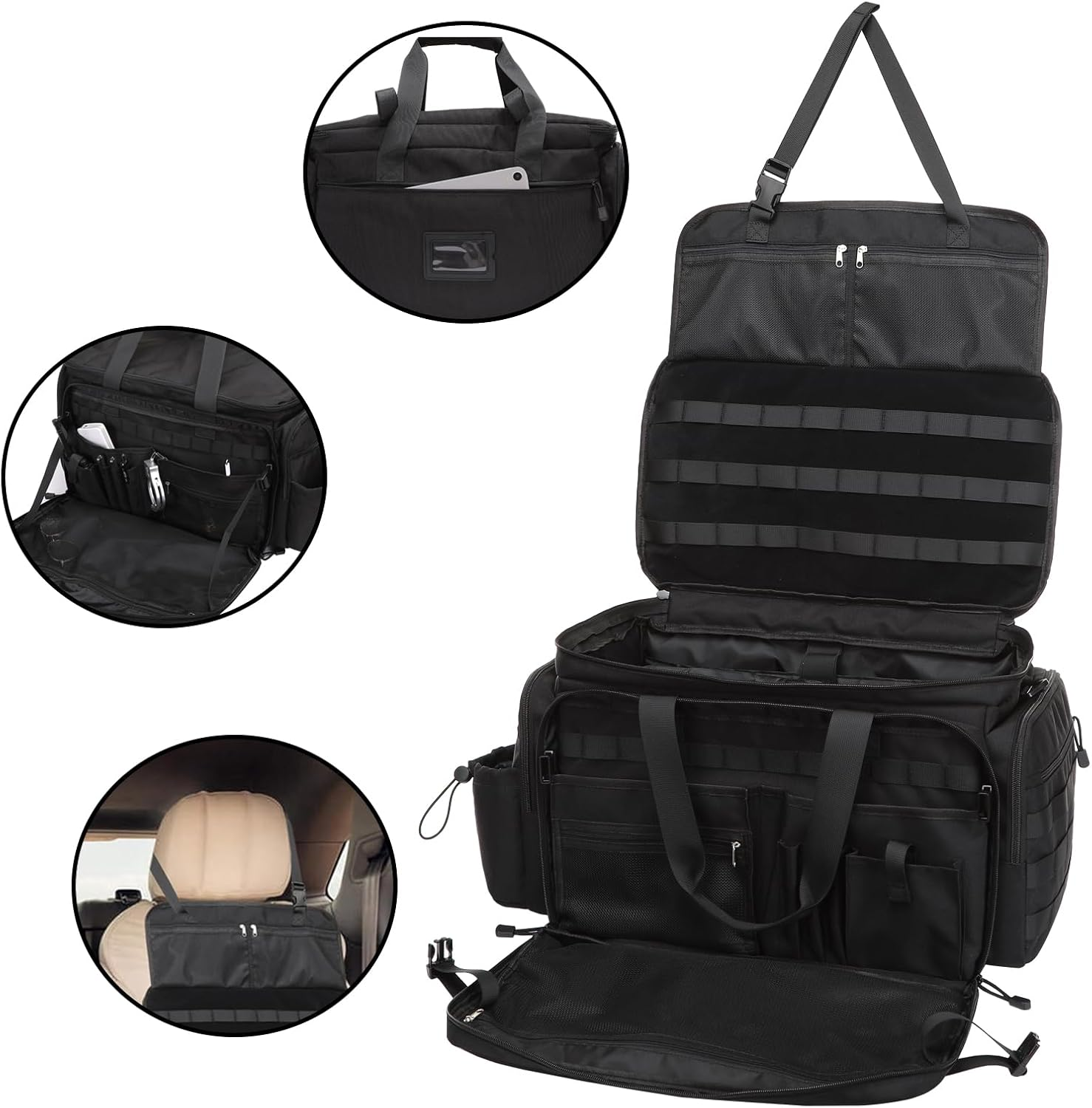 MOSISO Patrol Bag Law Enforcement, Car Front Seat Organizer for Police Equipment, Police Gear Bag with Padded 16 Inch Laptop Compartment, Hanging Seat Storage for Patrol Vehicle, Car, Truck, Black