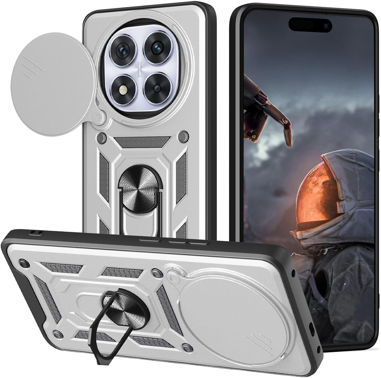 YUEQIAN Case for Xiaomi Redmi Note 14 Pro+ plus 5G, Sliding Camera Cover & Rotating Stand Ring Shockproof Mobile Phone Case, Hard PC + TPU Military Armour Scratch-Resistant Protective Case, Black