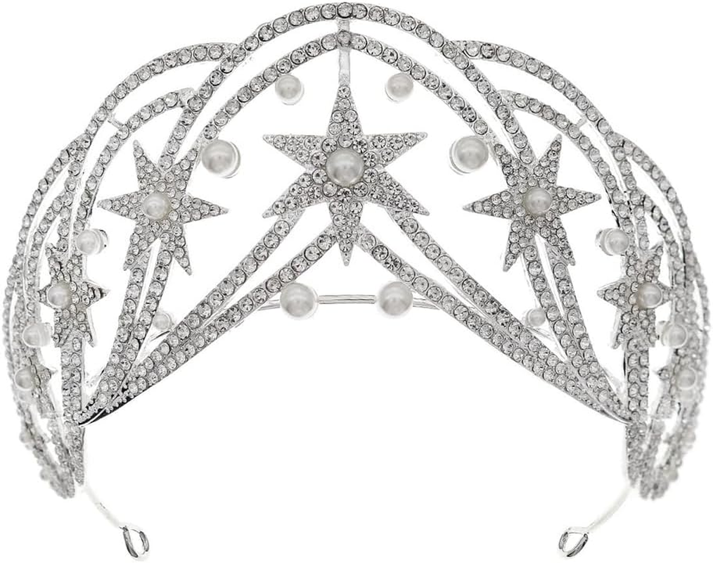 Star Queen Headband Bridal Crown with Rhinestone and Pearl Hair Jewelry for Women Girls Wedding Birthday Photo Prop image number 5