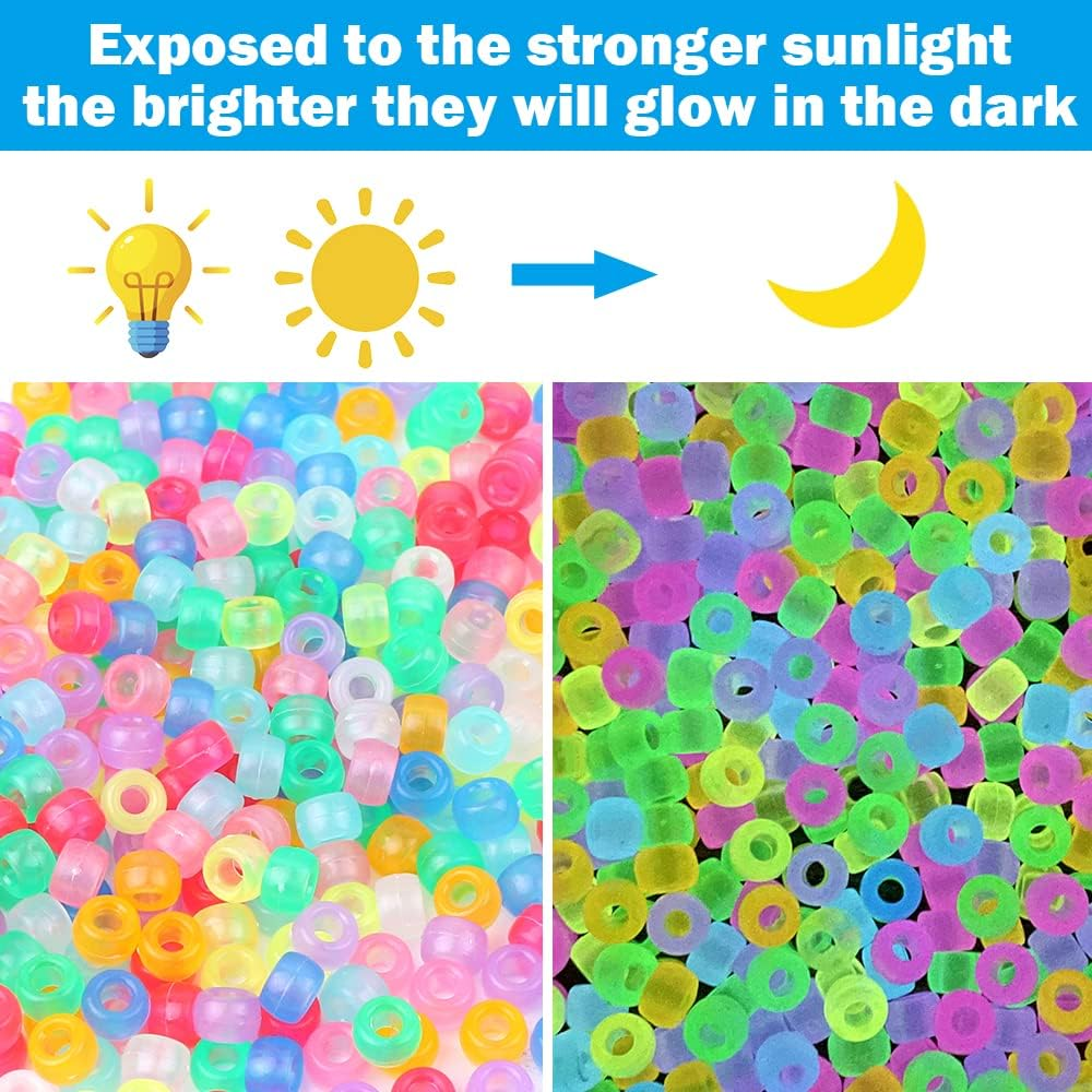 1000Pcs Glow in the Dark Pony Beads Mix 9 Colors Glow Pony Beads Luminous Beads Bulk Acrylic Hair Beads Plastic Pony Beads for Hair Braiding Bracelets Necklaces Making