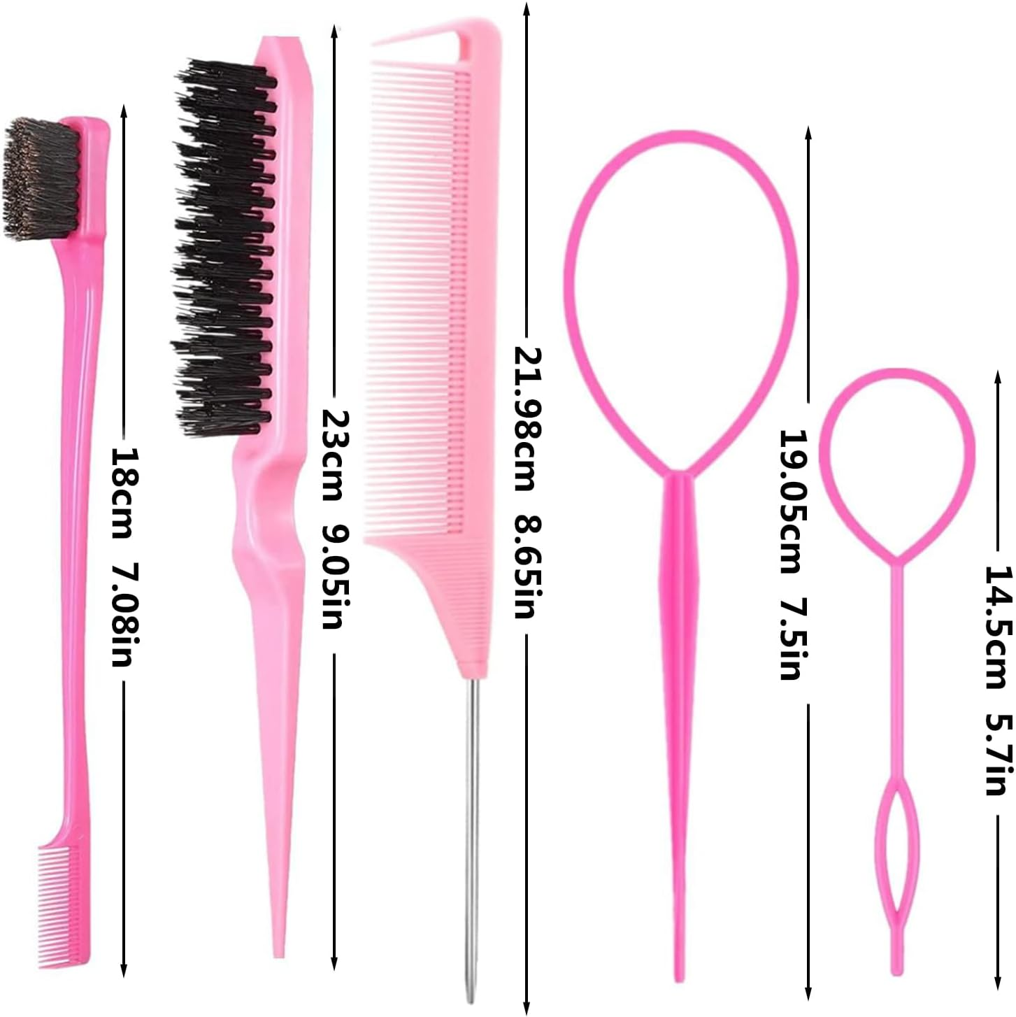 Agwenkui 8 Pcs Hair Brushes Set with 4Pcs Topsy Tail Tools - Hair Tools Set with Edge Brush Teasing Bristle Brush 2Pcs Metal Pin Rat Tail Combs for Women'S Styling (Pink) image number 1