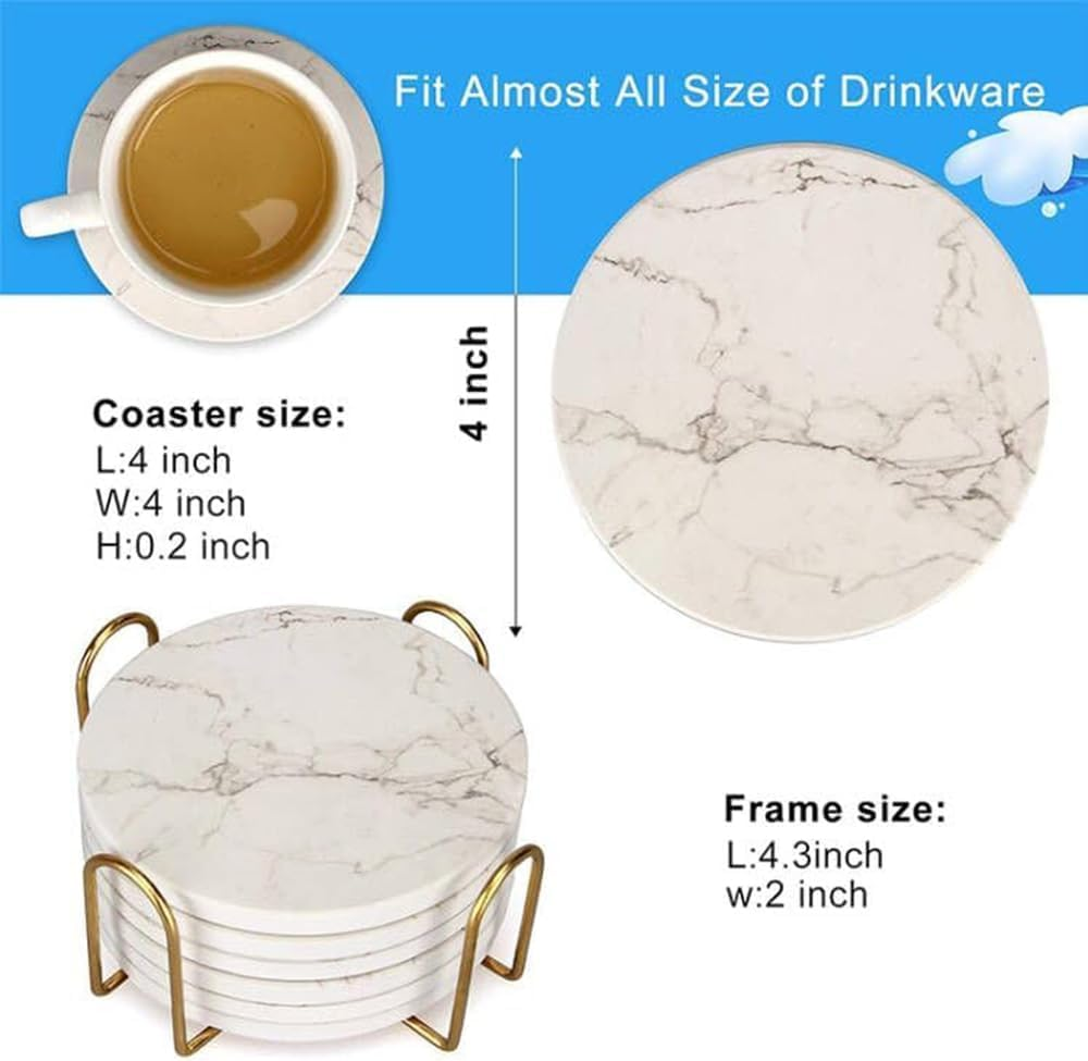 ATDORO Set of 6 Coasters for Drinks, Marble-Style Absorbent Coasters with Holder, Housewarming Gift Home Decor, Suitable for Kinds of Cups (White) - Blue image number 3