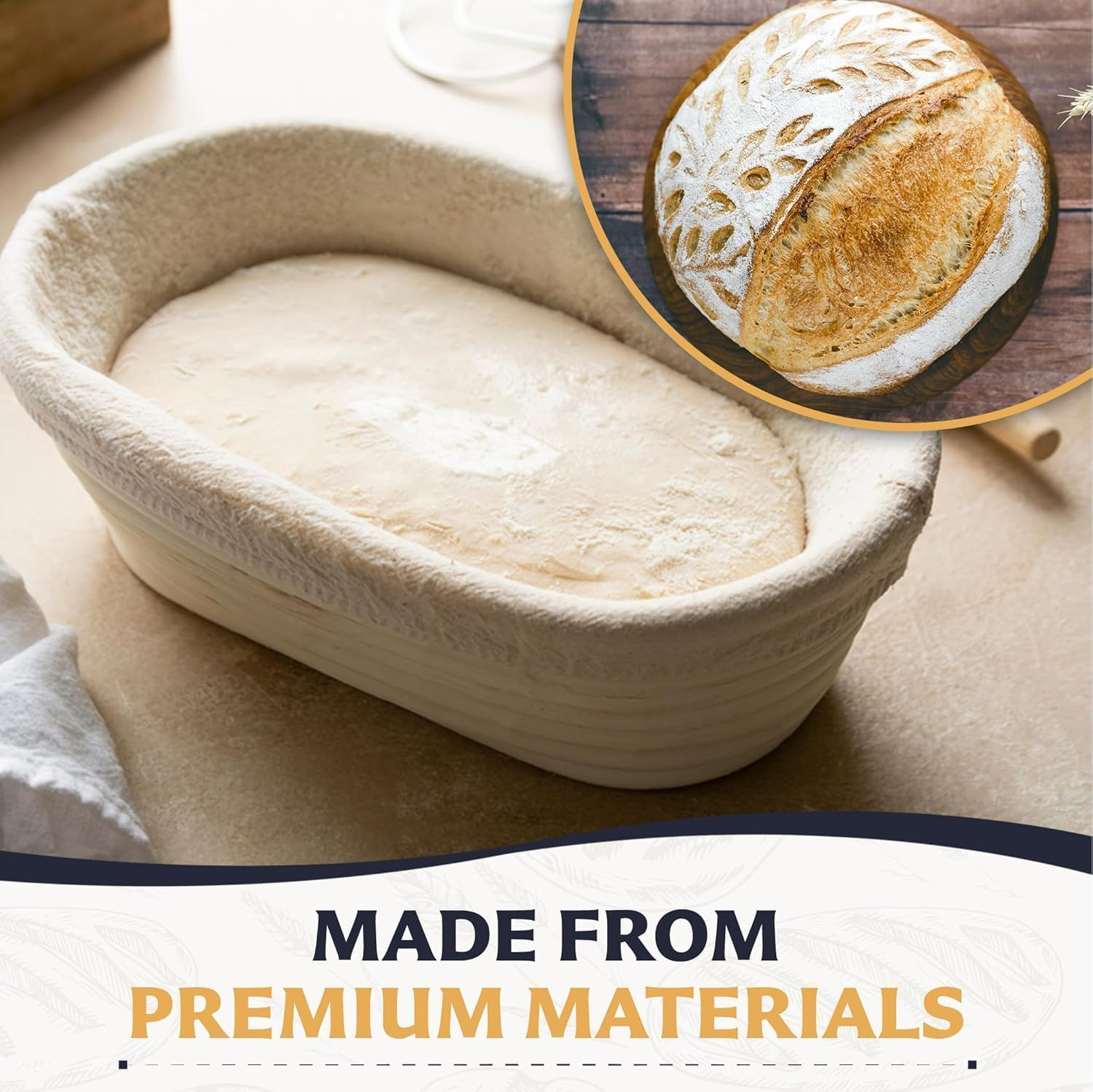 Banneton Bread Baskets Set,Two 10-Inch Oval Sourdough Proofing Bowls Handmade Rattan Baskets and Liners Sourdough Proofing Basket Perfect for Professional & Home Sourdough Bread Baking image number 5