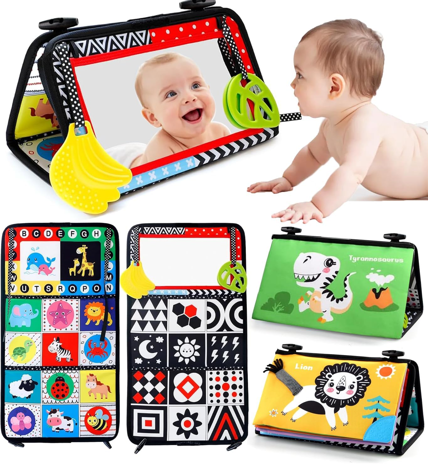 Tummy Time Floor Mirror, Black and White Baby Book, High Contrast Crinkle Cloth Book with Teethers, Activity Developmental Gift Toys for Infants Newborn Boys Girls 0-12 Months image number 1