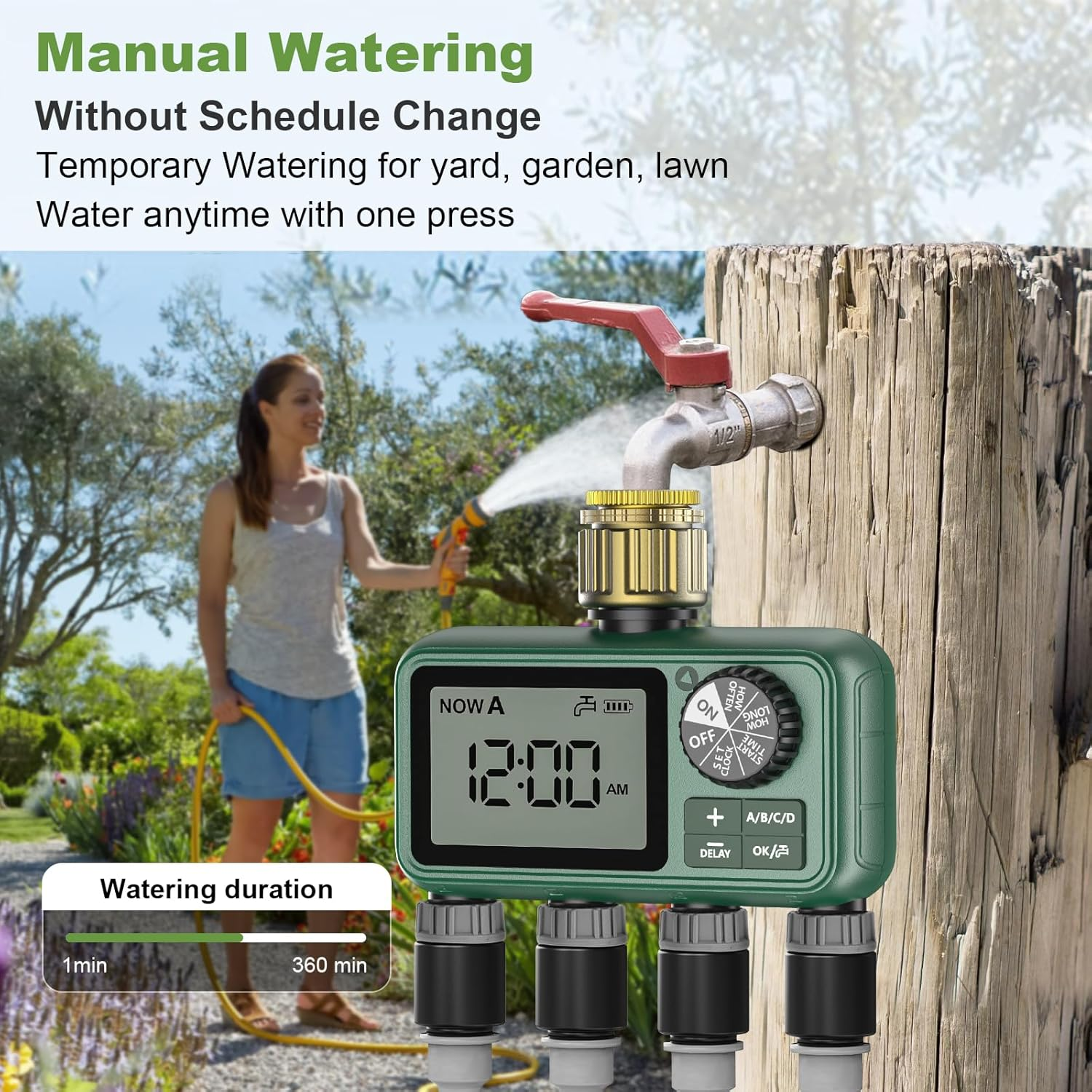 Sprinkler Timer Brass 4 Outlet, Programmable Water Timer for Garden Hose Faucet, Waterproof Gardening Supplies, Automatic Drip Irrigation System Outdoor with Sprinklers for Yard, Lawn, Greenhouse image number 3
