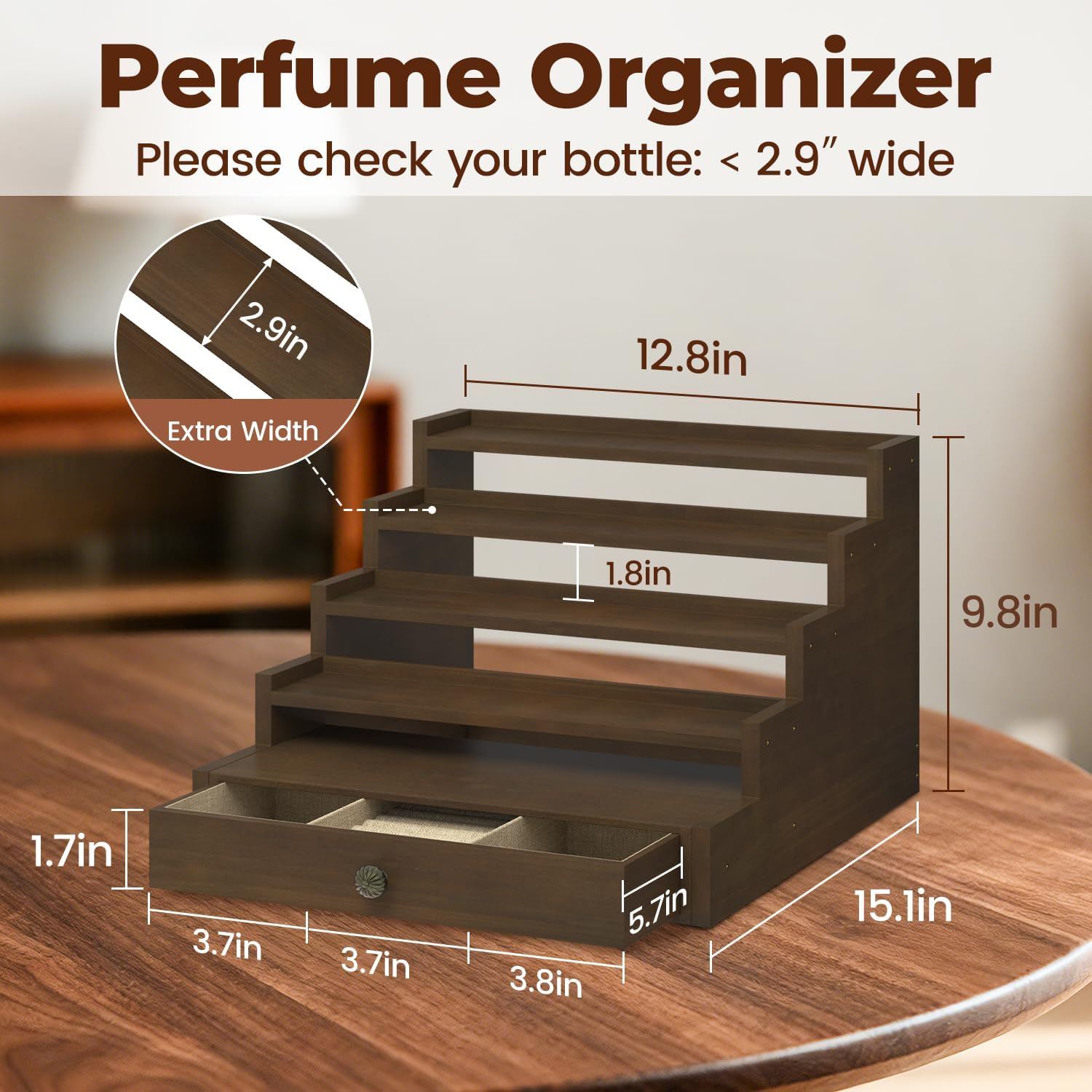 Esluker.Ly Perfume Organizer Cologne Holder Stand for Men, Wooden Cologne Display Shelf for Bedroom Dresser Countertop, 5 Tier Large Capacity Storage Rack with Drawer, Keep Fragrance Neat & Accessible image number 5