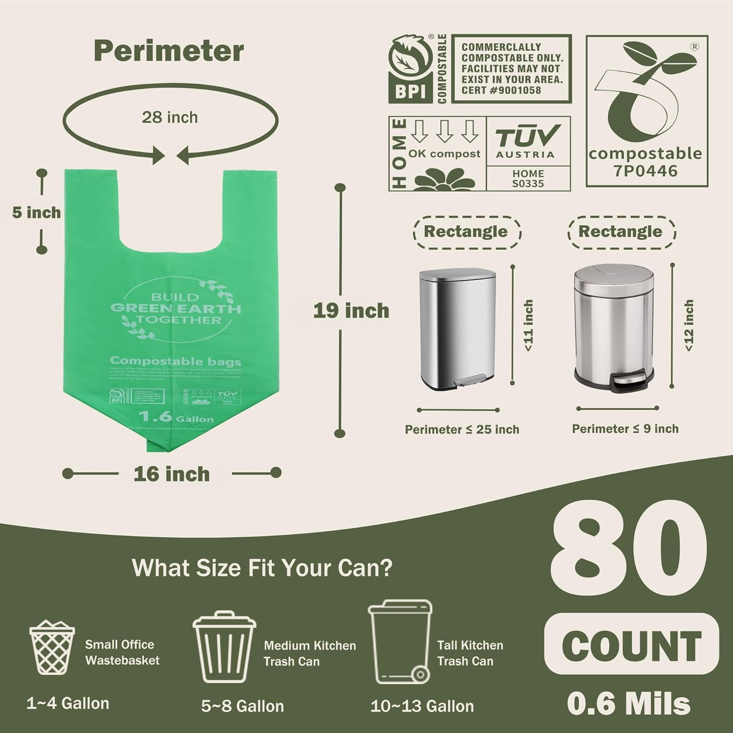 Compostable Bin Liners 6 Liter Extra Thick 0.6 Mils, Biodegradable Food Scrap Waste Bags with US BPI ASTM D6400 and Europe OK Compost Home Certified 80 Couts image number 2