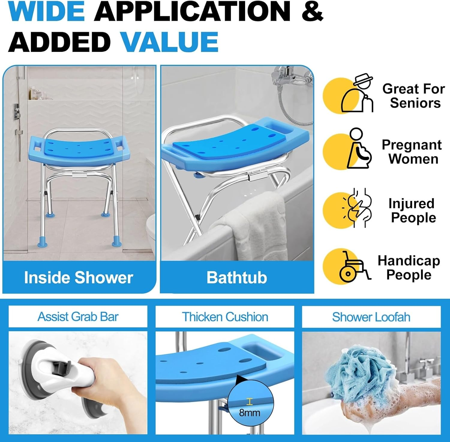 Medhelp Upgraded Folding Shower Chair, Stainless Steel Foldable Shower Seat for inside Bathtub, Lightweight & Portable Travel Shower Stool, Anti-Slip Feet Bath Chairfor Elderly, Disabled, Injured image number 5