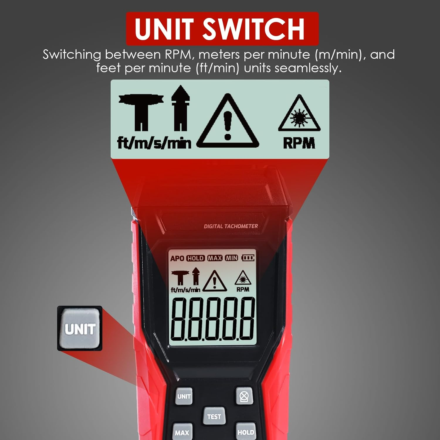 Digital Tachometer Non Contact RPM Meter Laser Photo Tachometer 3~100,000Rpm, Contact RPM Tachometer Gauge Speed Meter with Data Hold, Max/Min image number 4