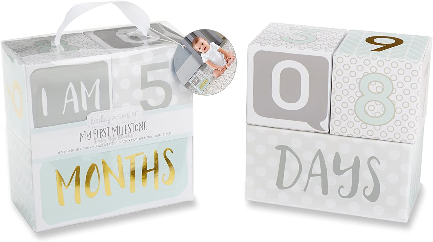 Baby Aspen My First Milestone Age Blocks, White/Grey/Mint/Gold image number 3