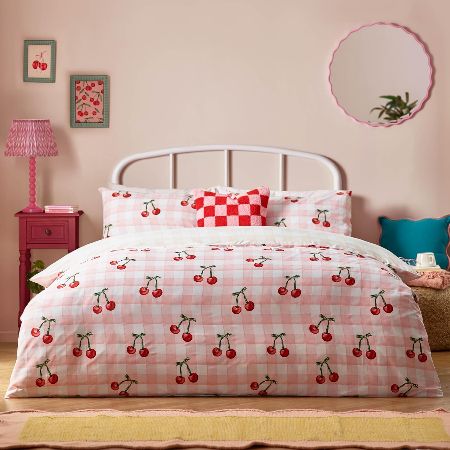 Furn Heya Home Cherry Gingham Duvet Set &ndash; Reversible Polycotton Bedding Soft & Durable (Pink &ndash; King U.K. Standard) image number 2