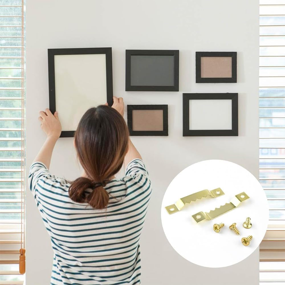 100 Pack Small Sawtooth Picture Hangers with 200 Pieces Screws,Hanging Wooden Frames Paintings Artwork Craft Projects,Steel Picture Hanging Picture Frames Hangers,Sawtooth Picture Hangers(Gold) image number 2