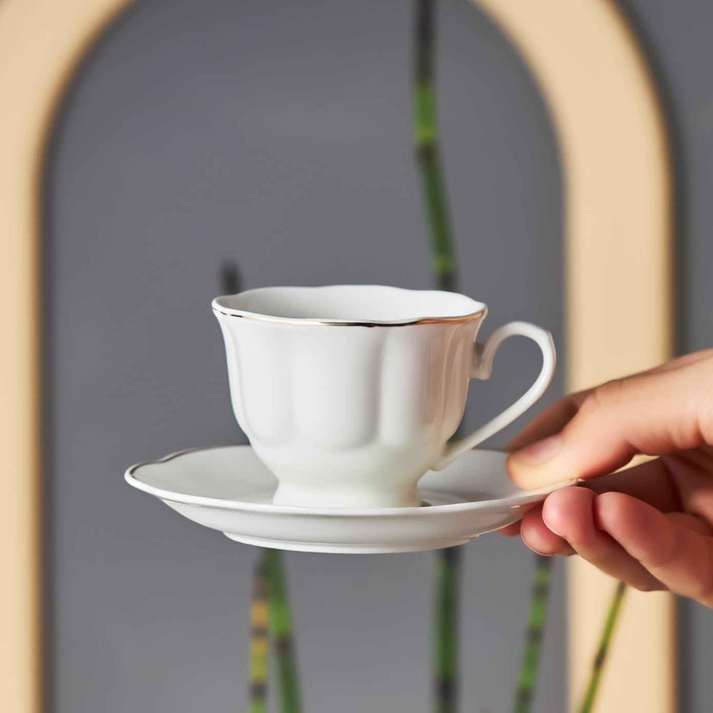 Karaca &Ccedil;an Porcelain Espresso Turkish Coffee Cup Set of 6, 12 Piece, 90Ml, Cup and Saucers, Espresso Cups, Small Coffee Cups, White Gold image number 2