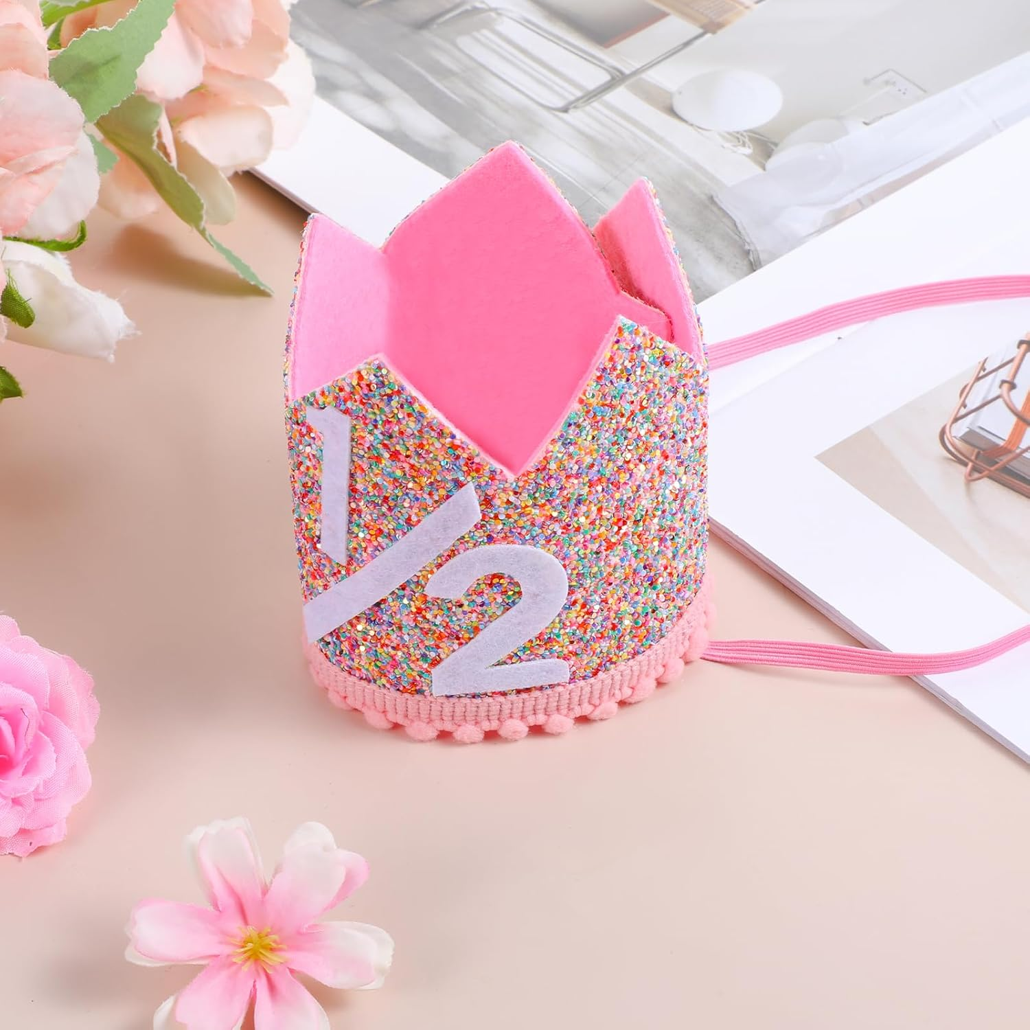 Pink 1/2 Birthday Crown, Half Birthday Hat with Glitter and Confetti for 1/2 Birthday Girl or Boy, Ages 0-2 image number 5