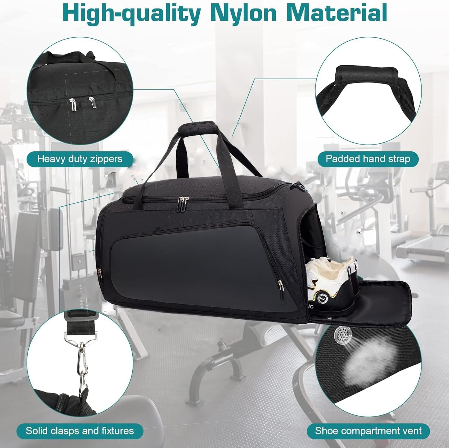 LEFAFA Gym Bag with Shoe Compartment, Large Travel Duffle Bag for Men and Women, Sports Travel Bags with Wet Pocket, Multipurpose Weekender Overnight Bags for Workout Fitness Travel, Black, Classic image number 5