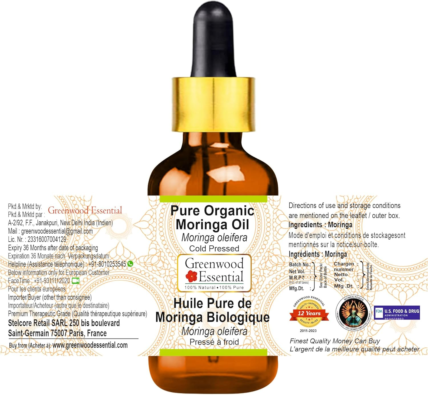 Greenwood Essential Pure Organic Moringa Oil (Moringa Oleifera) with Glass Dropper Cold Pressed 30Ml (1 Oz) image number 5
