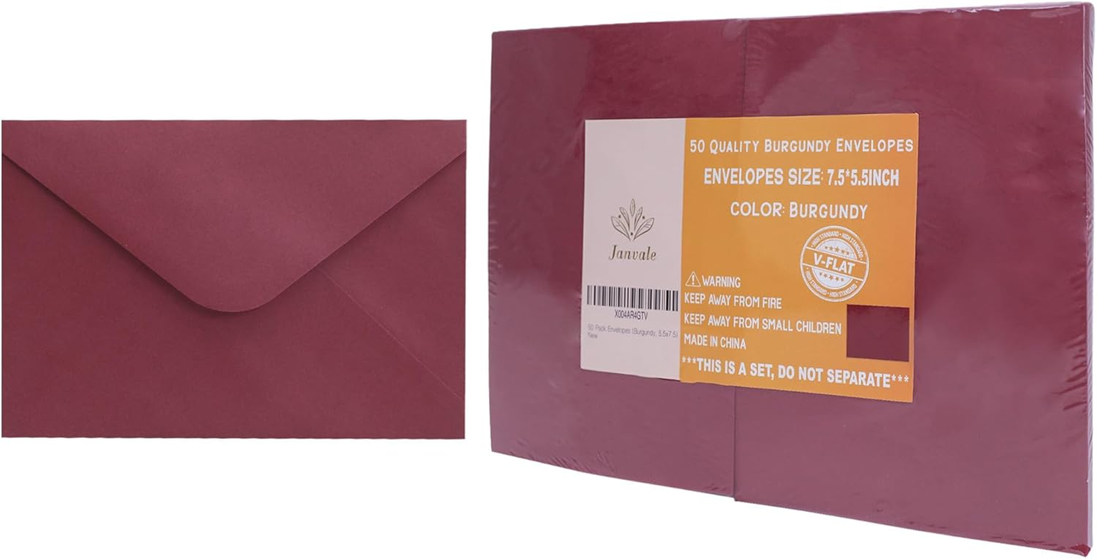 Burgundy A7 V-Flap Envelopes 5 X 7 Inch, 50 Pack, 120Gsm Paper for Christmas Cards, Valentines, Invitations, Wedding, Personalized Gifts, Postcards image number 4