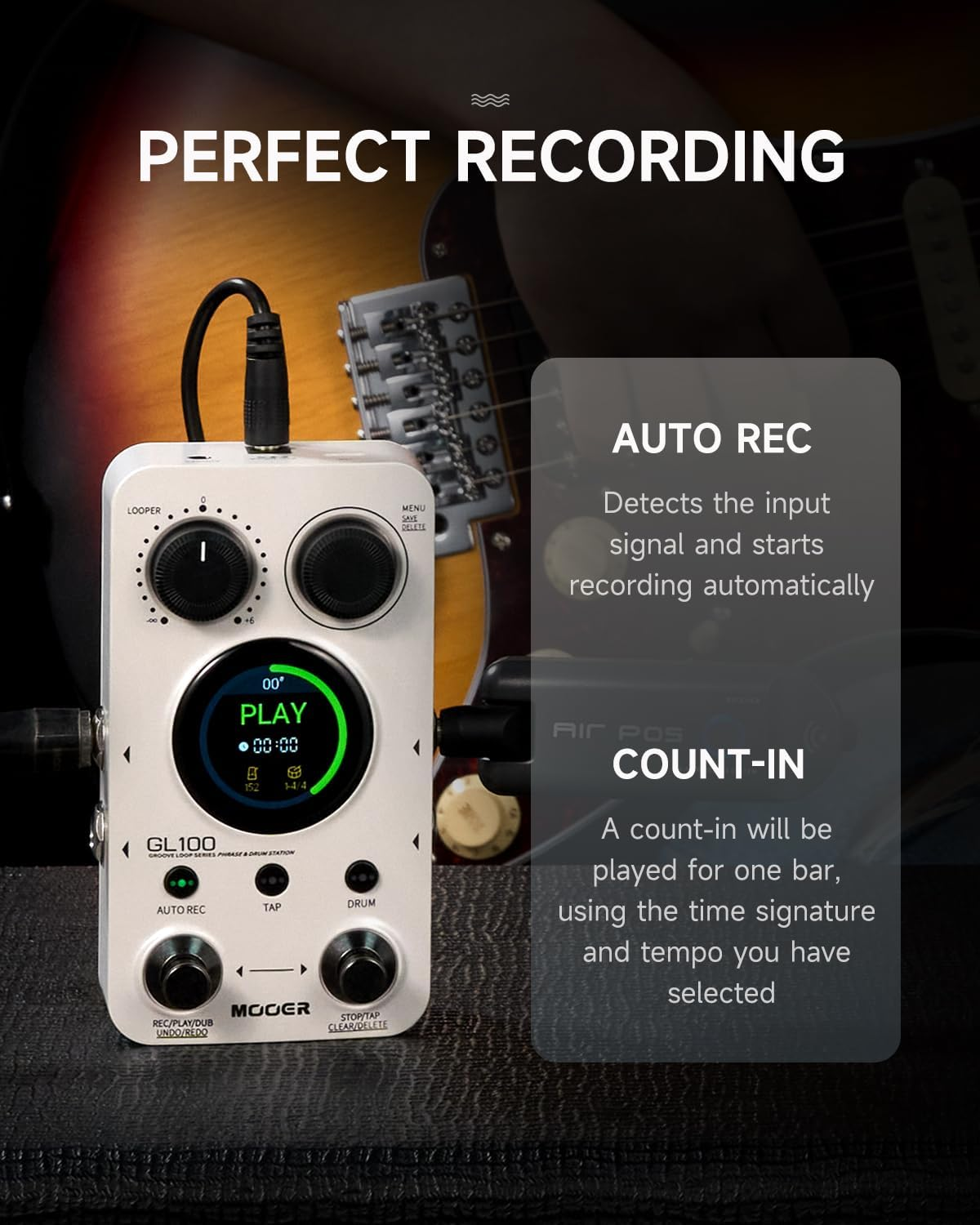 MOOER GL100 Looper Pedal Drum Machine, 2 in 1 Drum Looper Guitar Pedal 1.3-Inch Touchsreen with 300 Min in Total 100 Slots 220 Drum Grooves Auto-Record Time Stretch Function Dedicated Editor Software image number 4