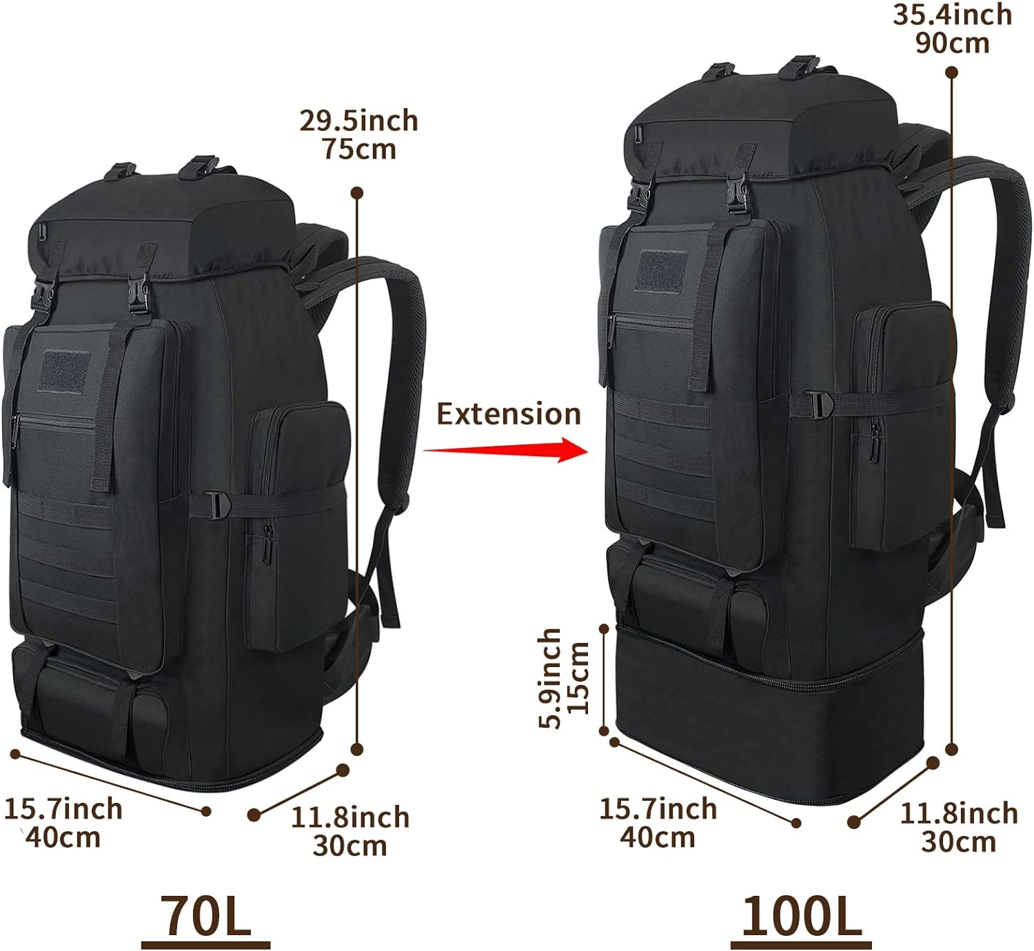 Vaupan Hiking Backpack, 100L Large Camping Backpack, Expandable Waterproof Molle Rucksack, Outdoor Sport Travel Daypack Military Tactical Backpack for Men Women (Black) image number 4