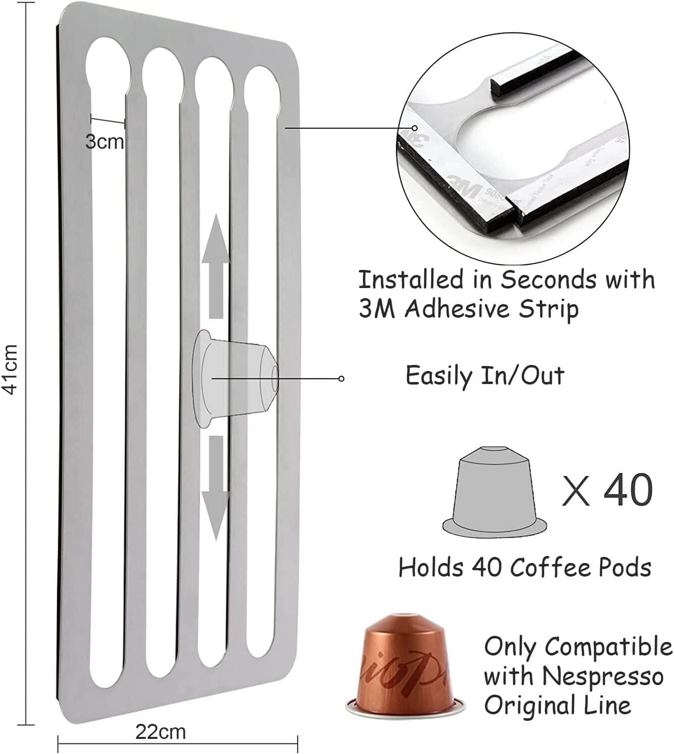 Coffee Pod Holder Organizer Compatible with Nespresso Line, Stainless Steel Capsule Holder 41X 22Cm Holds 40 Pods for Kitchen Wall, Cabinets, Adhesive (Original Line) image number 3
