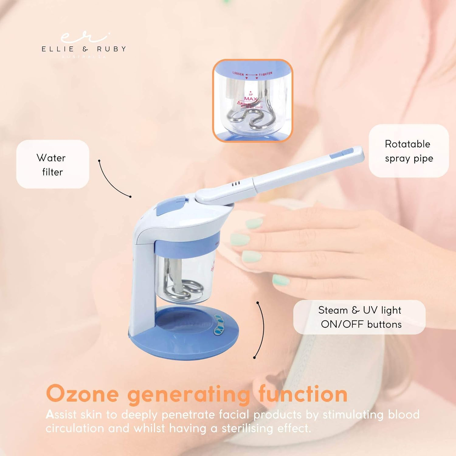 Ellie & Ruby 2 in 1 Facial & Hair Steamer - Blue, White - Portable Table Top Steam Ozone Machine - Stimulates Blood Circulation image number 3