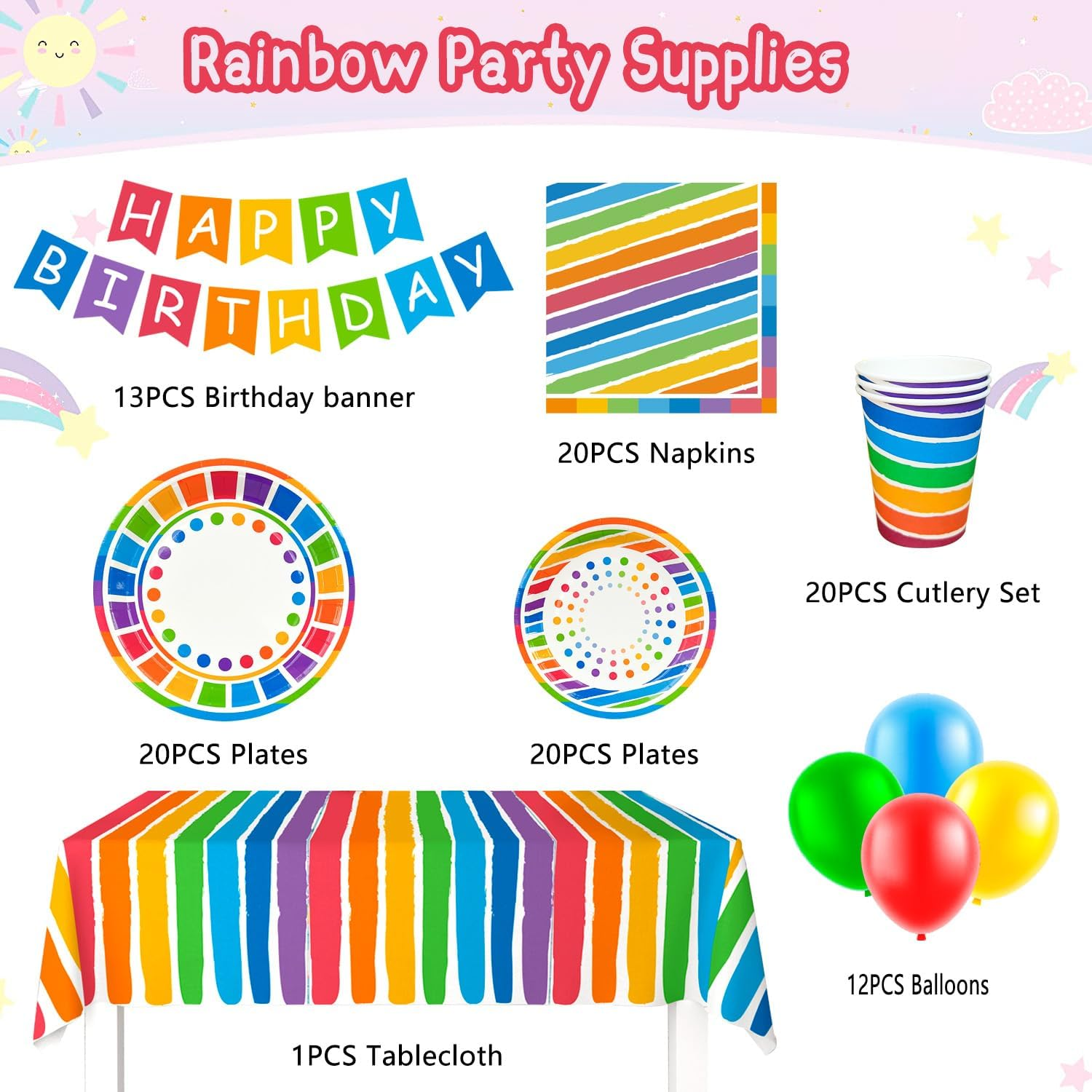 Rainbow Party Supplies,166Pcs Rainbow Party Decorations & Tableware Set - Rainbow Party Plates Napkins Cups & Rainbow Birthday Decorations Balloons Banner Etc Rainbow Themed Birthday Party Supplies image number 5