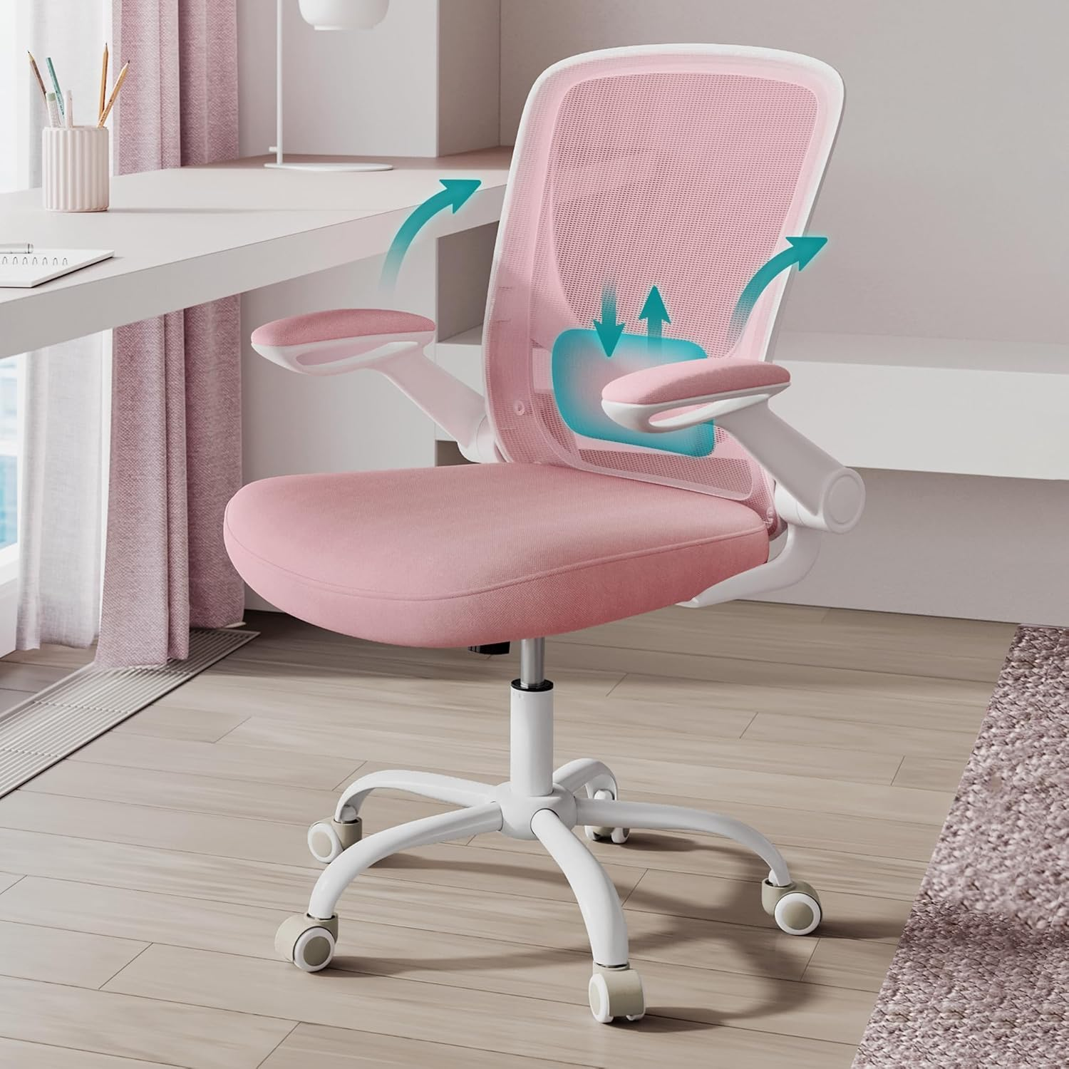 SONGMICS Ergonomic Fabric Office Chair, Padded Lumbar Support, Tilting Mechanism, Wide Seat 53Cm, Folding Armrests, Candy Pink, OBN037R01 image number 3