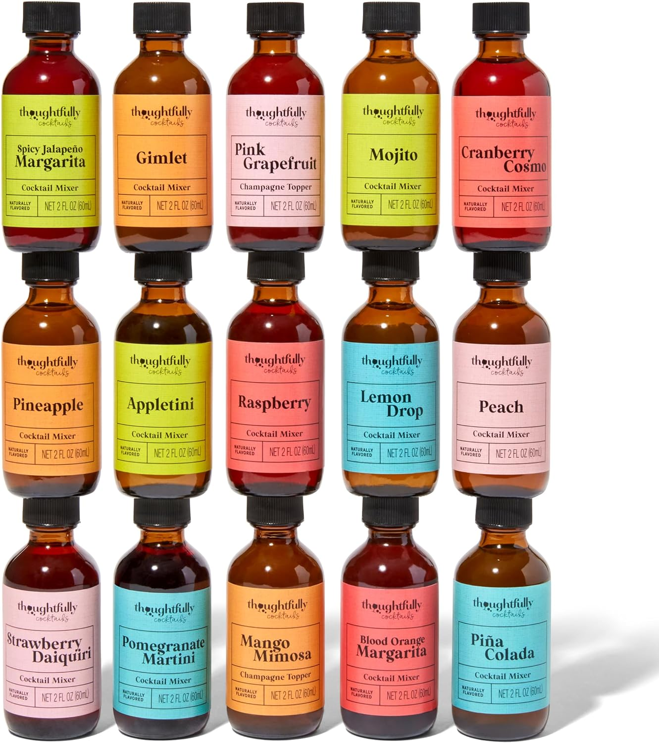 Thoughtfully Cocktails, Natural Cocktail Mixer Gift Set in Mini Glass Bottles, 15 Unique and Classic Drink Flavors Include Mojito, Passion Fruit, Peach and More, Set of 15 (NO Artificial Flavor) image number 2