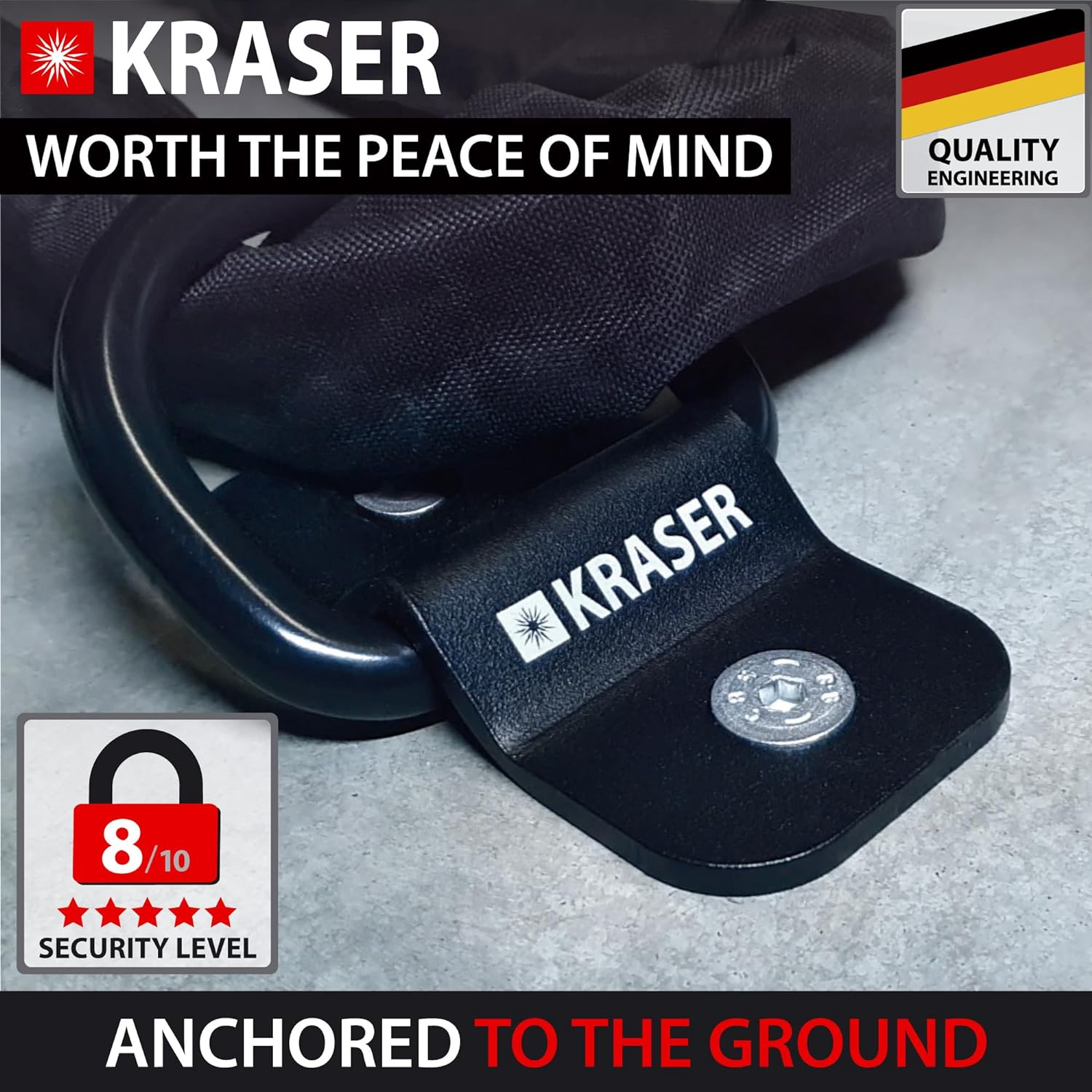 KRASER KR802 Motorcycle Security Anchor with Pivoting Ring &Oslash;14, Compact and Robust Steel, High Security Expanding Bolts, anti Theft Security for Motorbike Bicycle Parking Wall Floor Ground Concrete image number 5