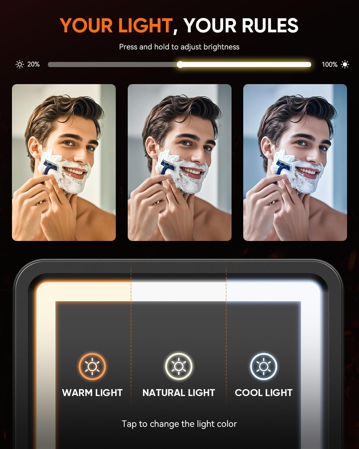 Fogless Lighted Shower Mirror for Shaving, 3 Colors Stepless Dimmable Lights, with Razor Holder, 360&deg; Rotation, anti Fog, Removable, Led Bathroom Mirror, Makeup Mirror (Black) image number 5