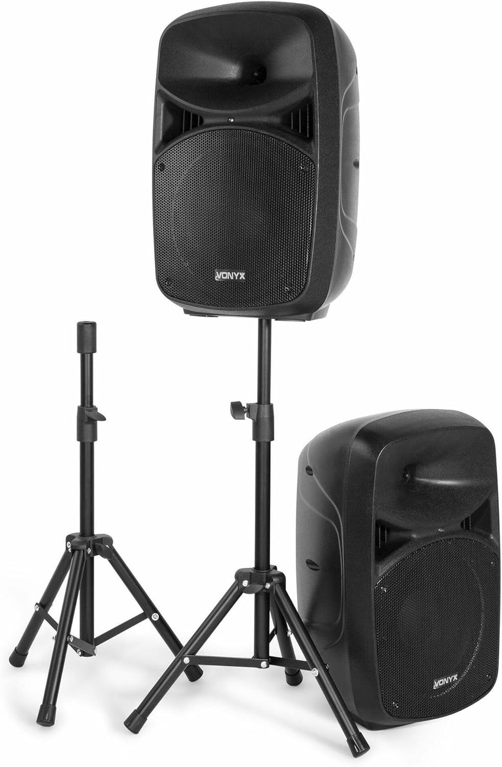 VONYX VPS102A Dual 10 Active DJ Speakers | Bluetooth Speaker with Microphone | Party and Concert Speakers with USB & SD Inputs, LED Lights and Speaker Stands.