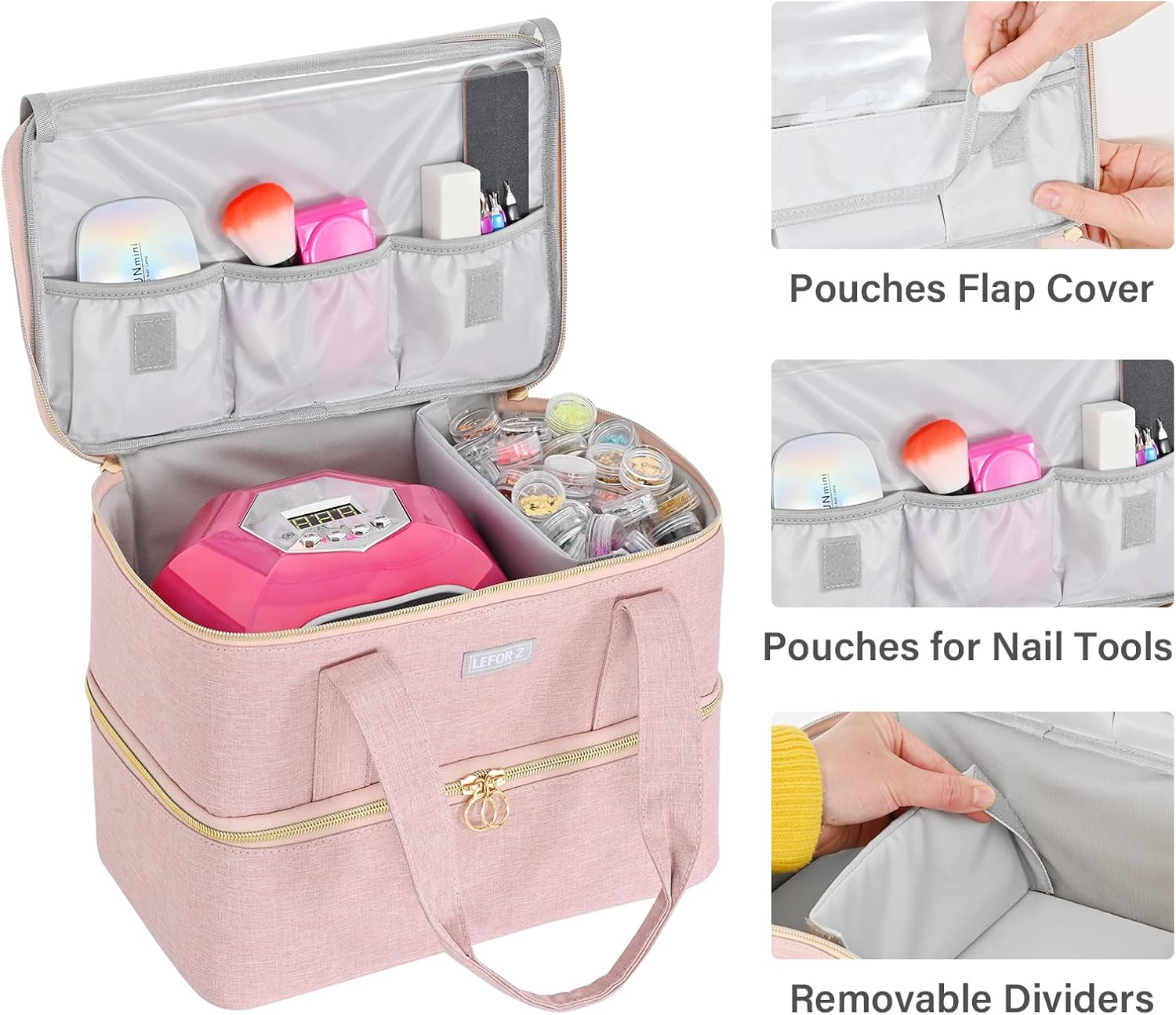 Nail Polish Organizer,Double-Layer Nail Organizers and Storage for Nail Tech,Nail Polish Carrying Case Bag Holds 40 Bottles (15Ml-0.5 Fl.Oz) and Nail Lamp,Portable Nail Polish Holder for Nail Supplies image number 4