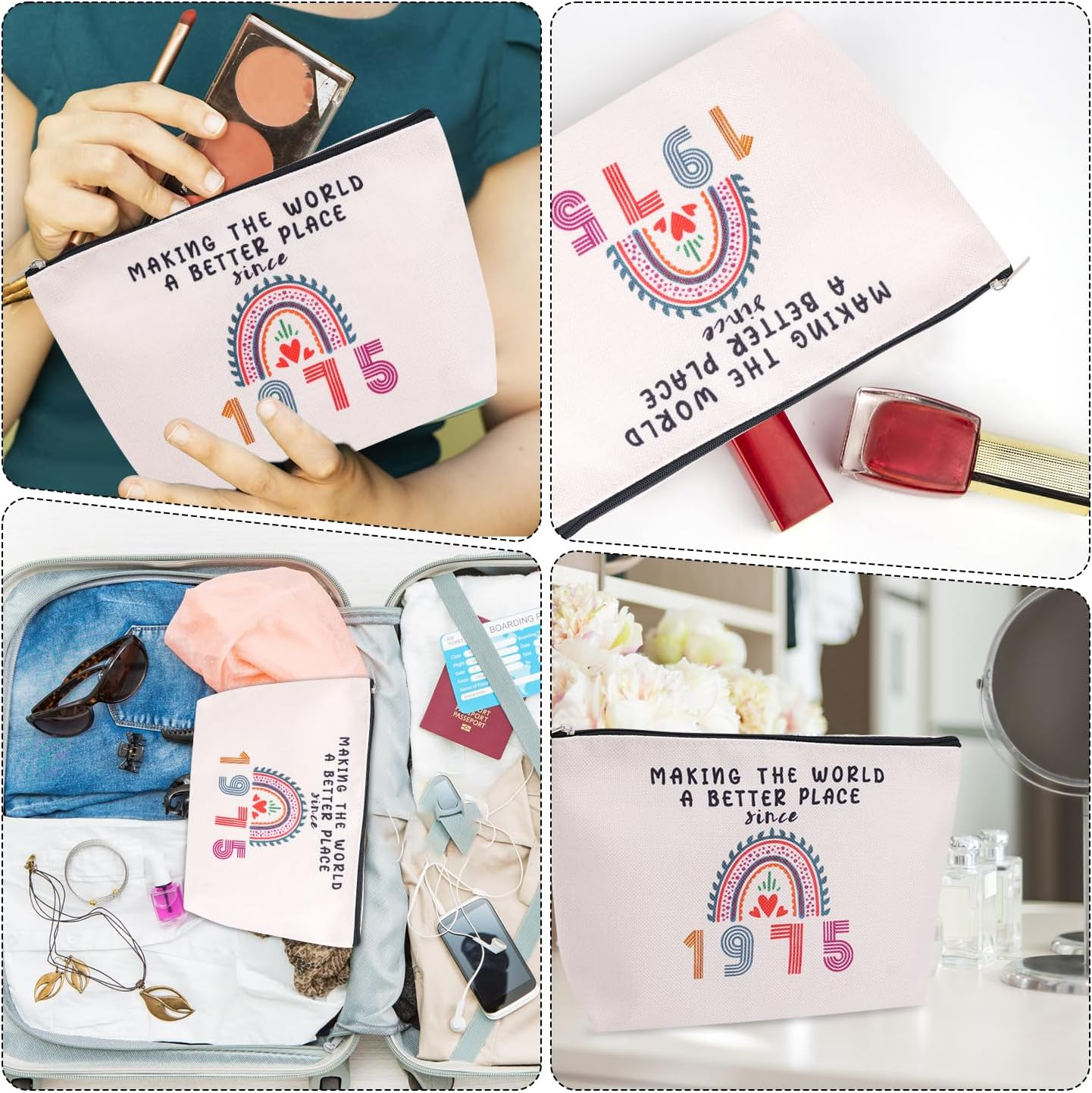 50Th Birthday Gifts for Women, Linen Travel Makeup Bags 1975 50 Year Old Birthday Gifts Cosmetic Bag Storage Bag with Zipper for Mother Wife Aunt Best Friends Sister, Off-White