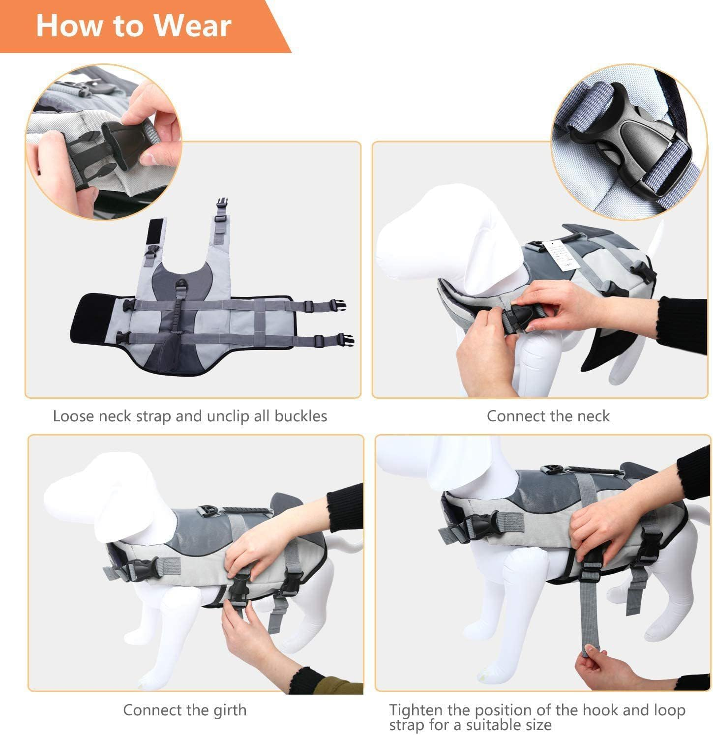 Ripstop Dog Life Jacket Pet Life Water Vest with Rescue Handle Life Safety Saver Preserver for Small Medium Large Dogs (Grey, M) image number 5