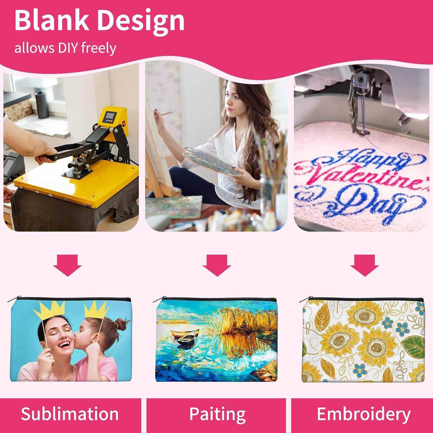 AMDAILY Sublimation Blank Canvas Makeup Bags, Bulk Blank DIY Heat Transfer Cosmetic Makeup Bags W/Black Zipper, White, 7.87 X 5.7 Inch 50 image number 5