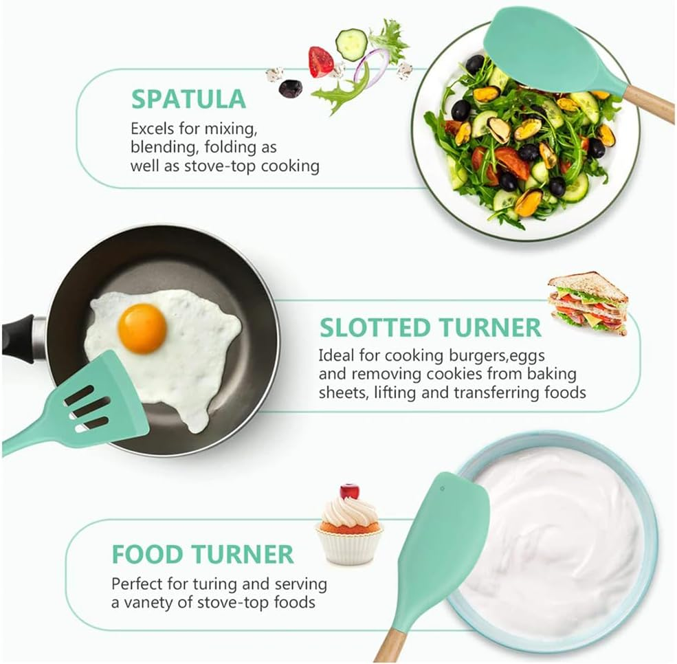 12PCS Green Silicone Kitchen Utensil Set with Wooden Handles - Non-Stick, Heat-Resistant Cookware Tools, Including Spatula, Turner, Tongs, and Spoon Set with Holder image number 5