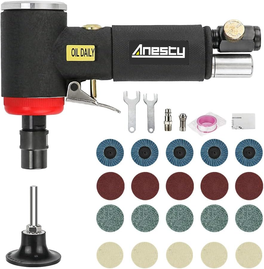 Mini Air Angle Die Grinder Kit, 1/4" Right Angle Air Die Grinder with 3Mm & 6Mm Collets & 20Pcs 2" Quick Change Discs Set, Mini Air Angle Sander Polisher Grinding Tool for Polish Grind Rust Removal
