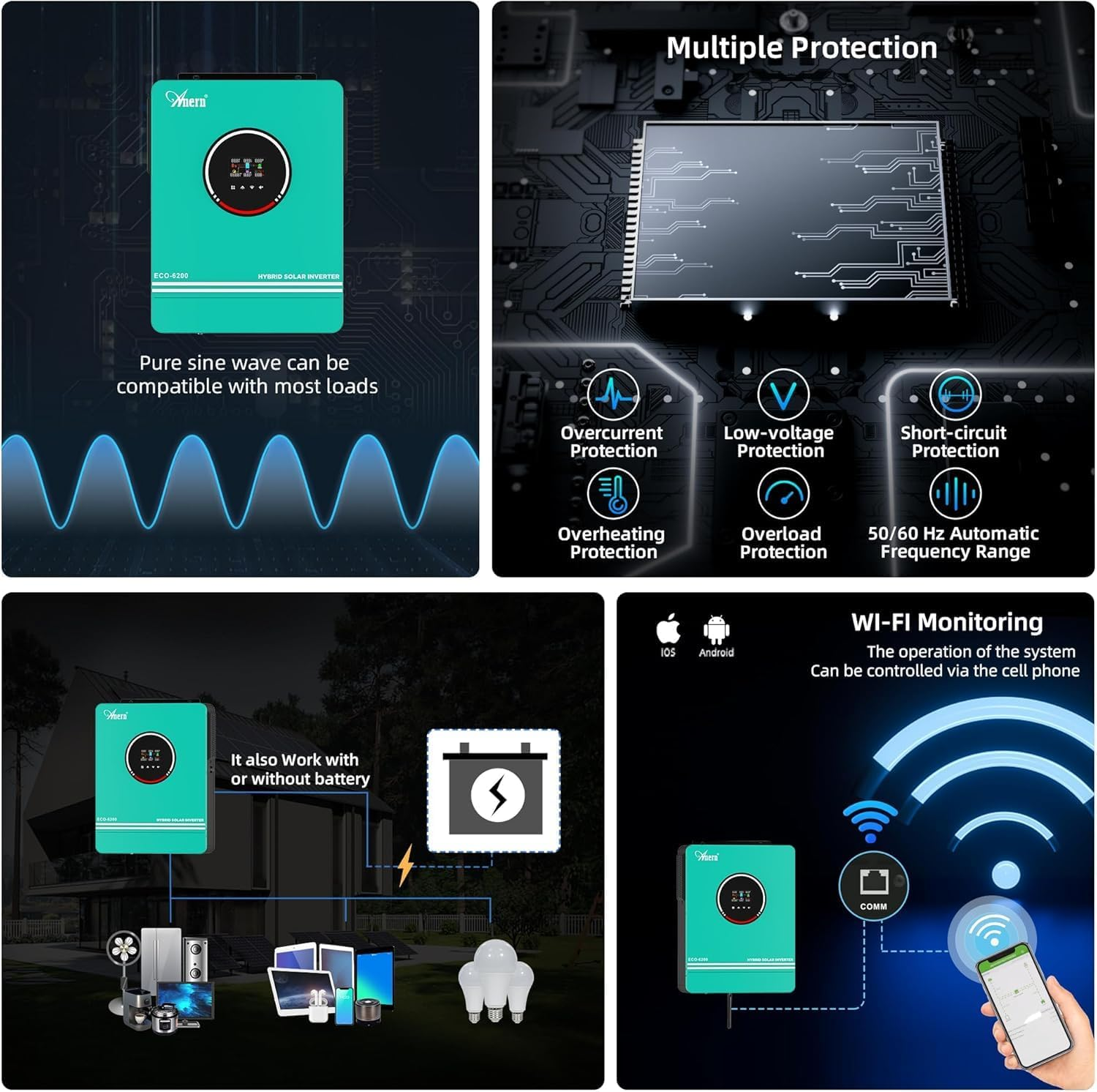 Anern 6200W MPPT Hybrid Solar Inverter 48V off Grid 230Vac Pure Sine Wave with 120A Charge Controller - Multifunctional Wifi Support image number 5