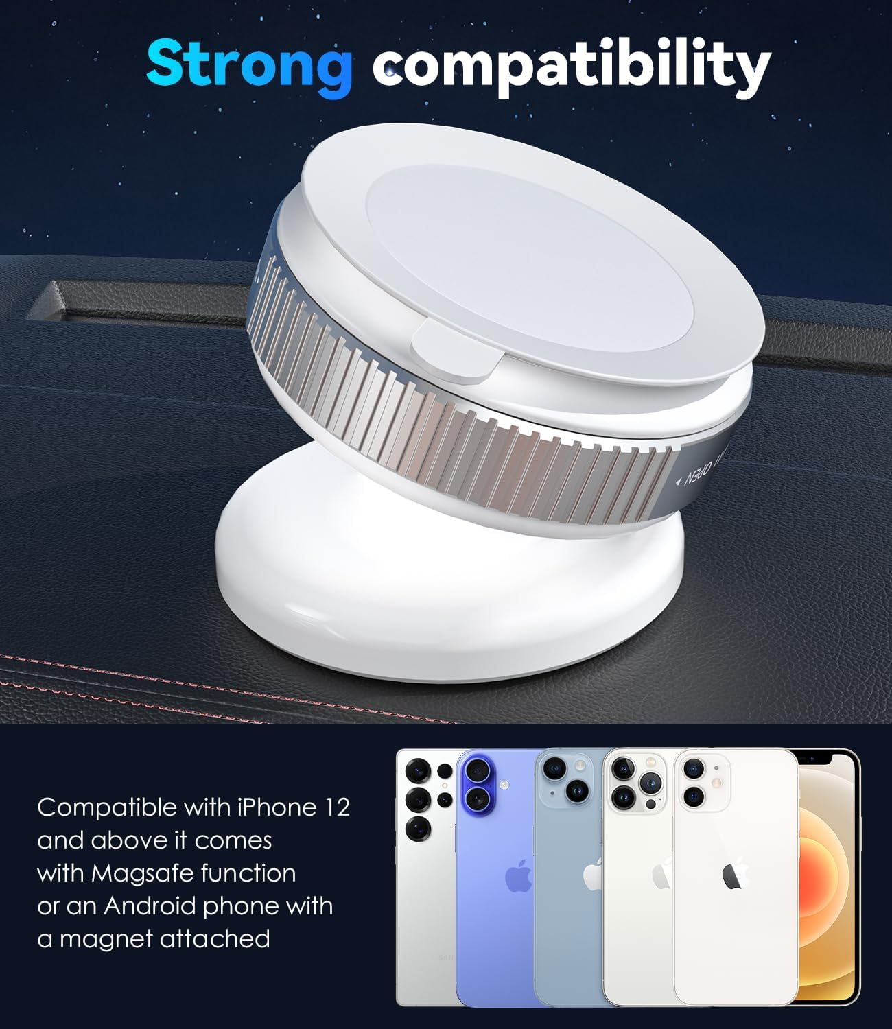 Cloudvalley 360&deg; Adjustable Magnetic Car Phone Holder with Rotating Suction Cup,[Compatible with Magsafe] Car Phone Mount for Iphone & Android, Strong Vacuum Suction for Dashboard & Windshield,White - Black image number 7