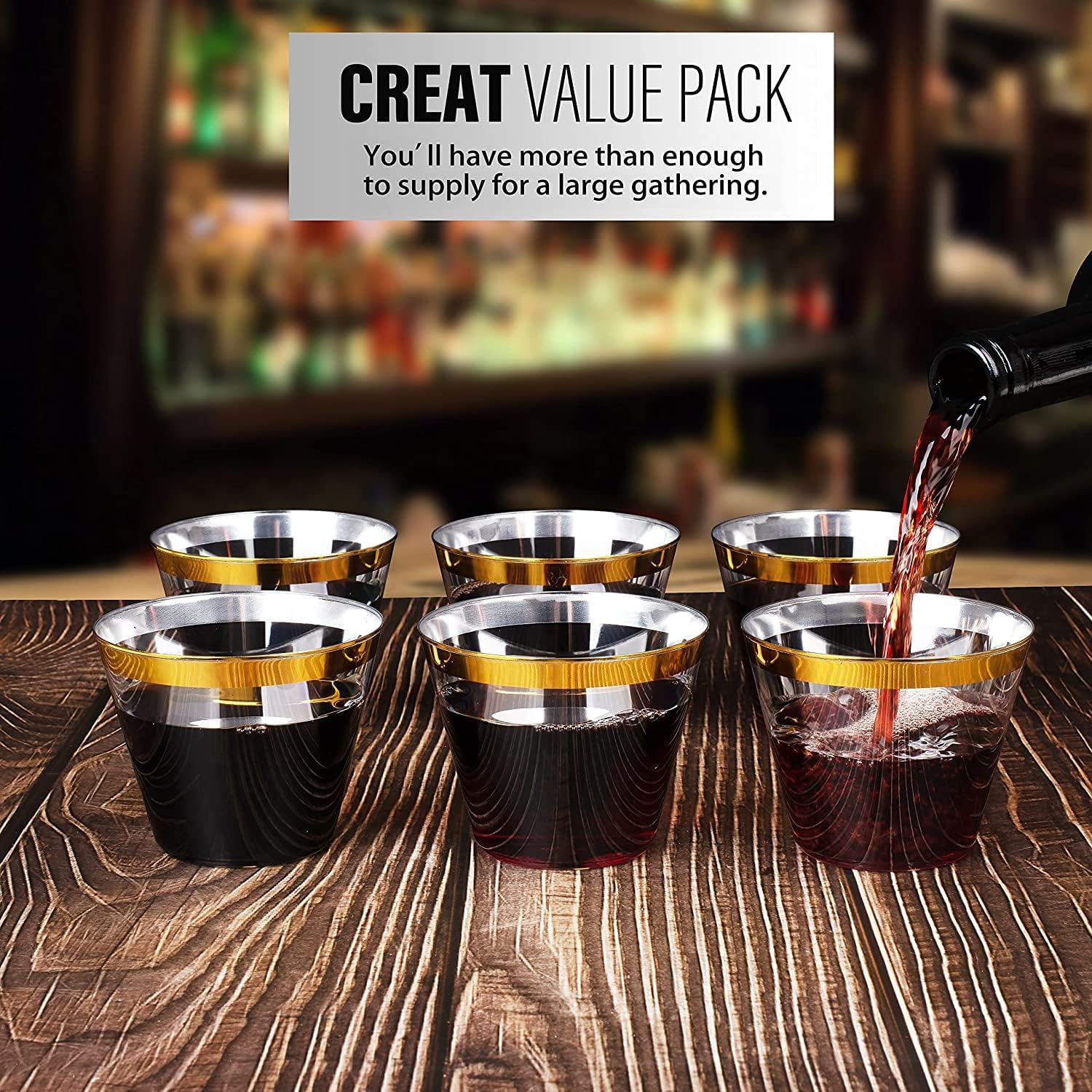 LATERN 60Pcs Gold Rimmed Plastic Cups, 270Ml Plastic Tumblers Reusable Drink Cups Elegant Party Wine Glasses for Champagne Beer Cocktail Martini Soda Dessert (8.9 X 7.1Cm) - Transparent image number 7