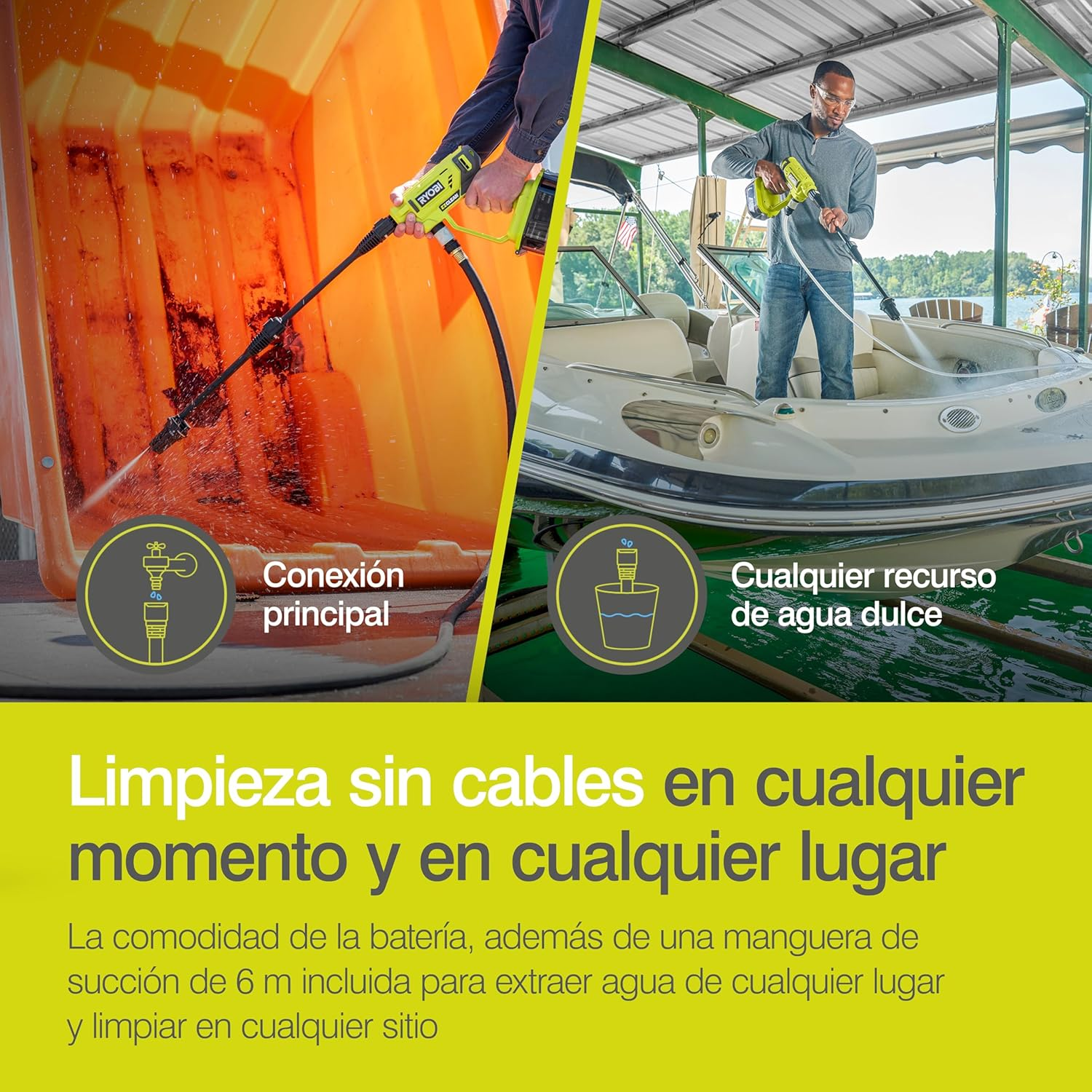 RYOBI RY18PW22A-0 18 V Battery Medium Pressure Cleaner - 3 in 1 Nozzle - Turbo Nozzle for Difficult Cleaning Applications - 15&deg; Fan Jet for General Cleaning - without Battery & Charger Hypergreen image number 5