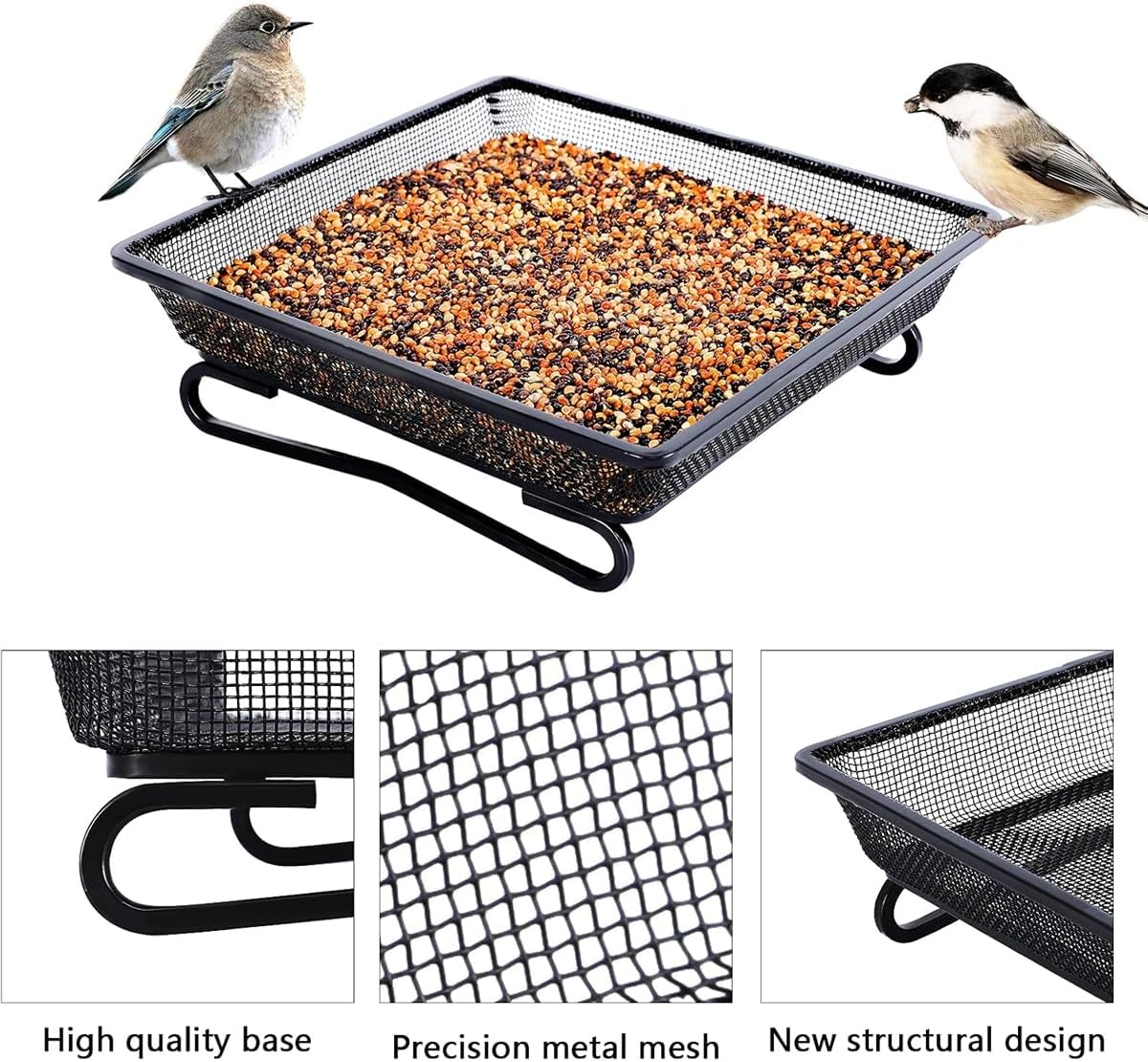AIMALL Metal Bird Feeder Tray Iron Wire Square Mesh Platform Feeder with Wave Design Easy-Clean Fine Net Ground Feeder for Garden Birds 6.88In X 6.88In X 2.16In Black image number 4