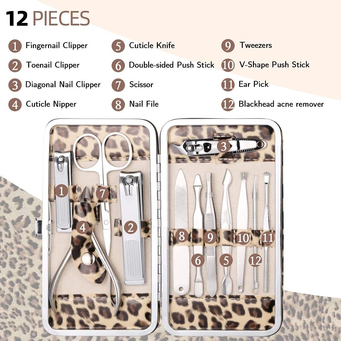 Manicure Kit, FAMILIFE 12Pcs Nail Clippers Set Stainless Steel Multipurpose Kit Grooming Tools Kits with Leopard Print Case - Leopard Print image number 4