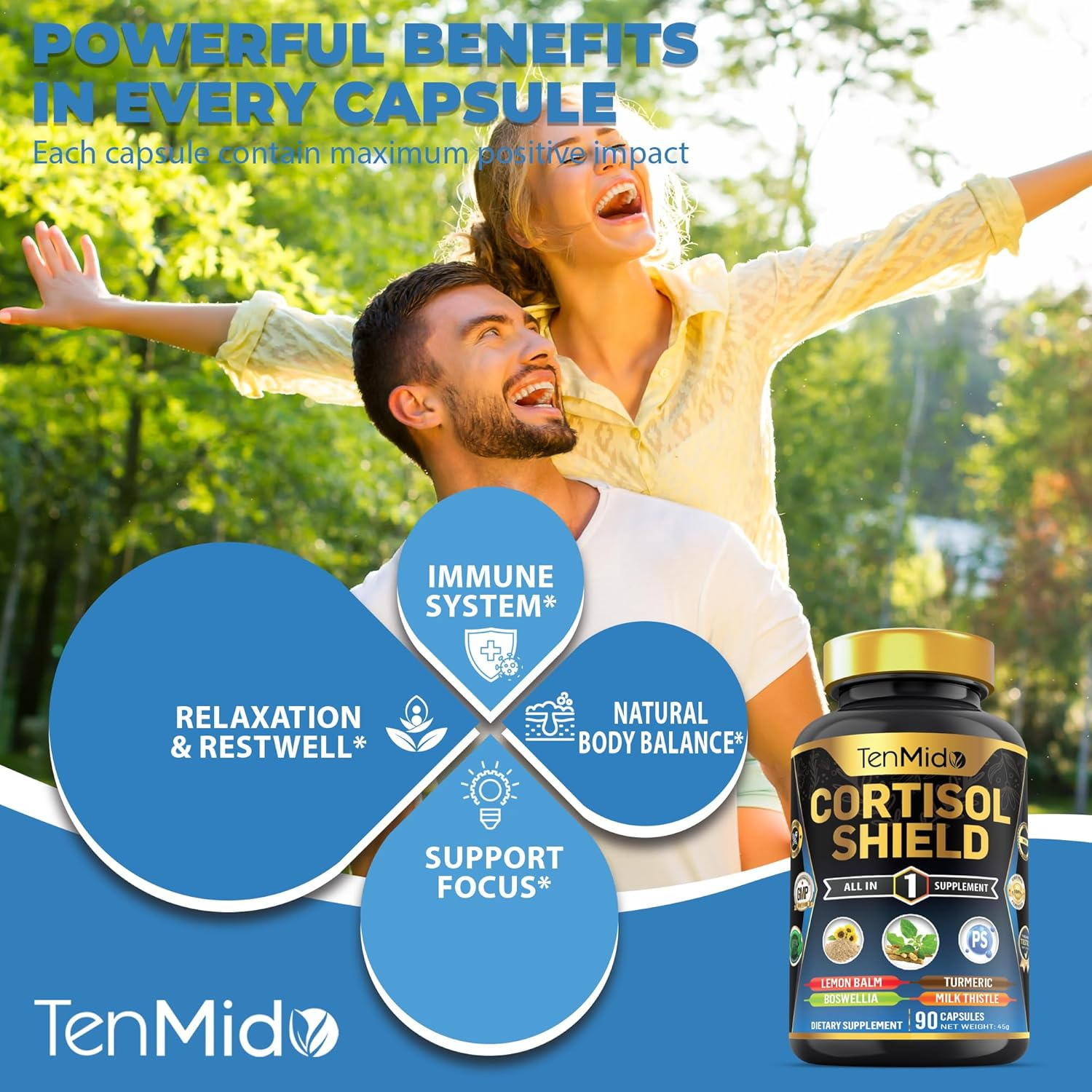 Cortisol Shield Supplement - 10In1 with Zinc, Vitd3, Ashwagandha, Sunflower Lecithin, Phosphatidylserine, Lemon Balm, Boswellia & More - 90 Vegan & Non-Gmo Capsules image number 2