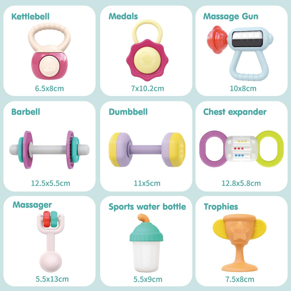 Kaekid Baby First Gym Rattle Set, Infant Dumbbell Weights Teething Rattles 3-6-12 Month, Babies Development Sensory Toys with Storage Box, Newborn Boys and Girls Birthday Gift image number 4
