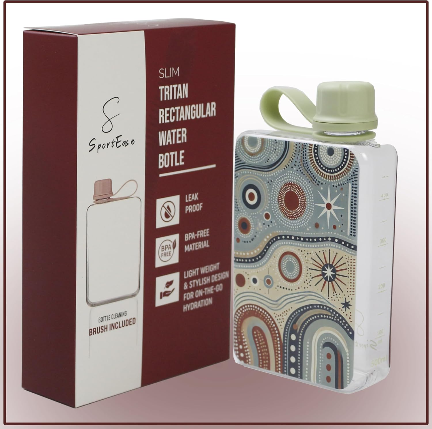 Flat Water Bottle 500Ml &ndash; Bpa-Free, Eco-Friendly, Leak-Proof, with Cleaning Brush, Portable Reusable Bottle with Indigenous Art, Ideal for Travel, School, Work, and All Ages (Australia Inspired) image number 2