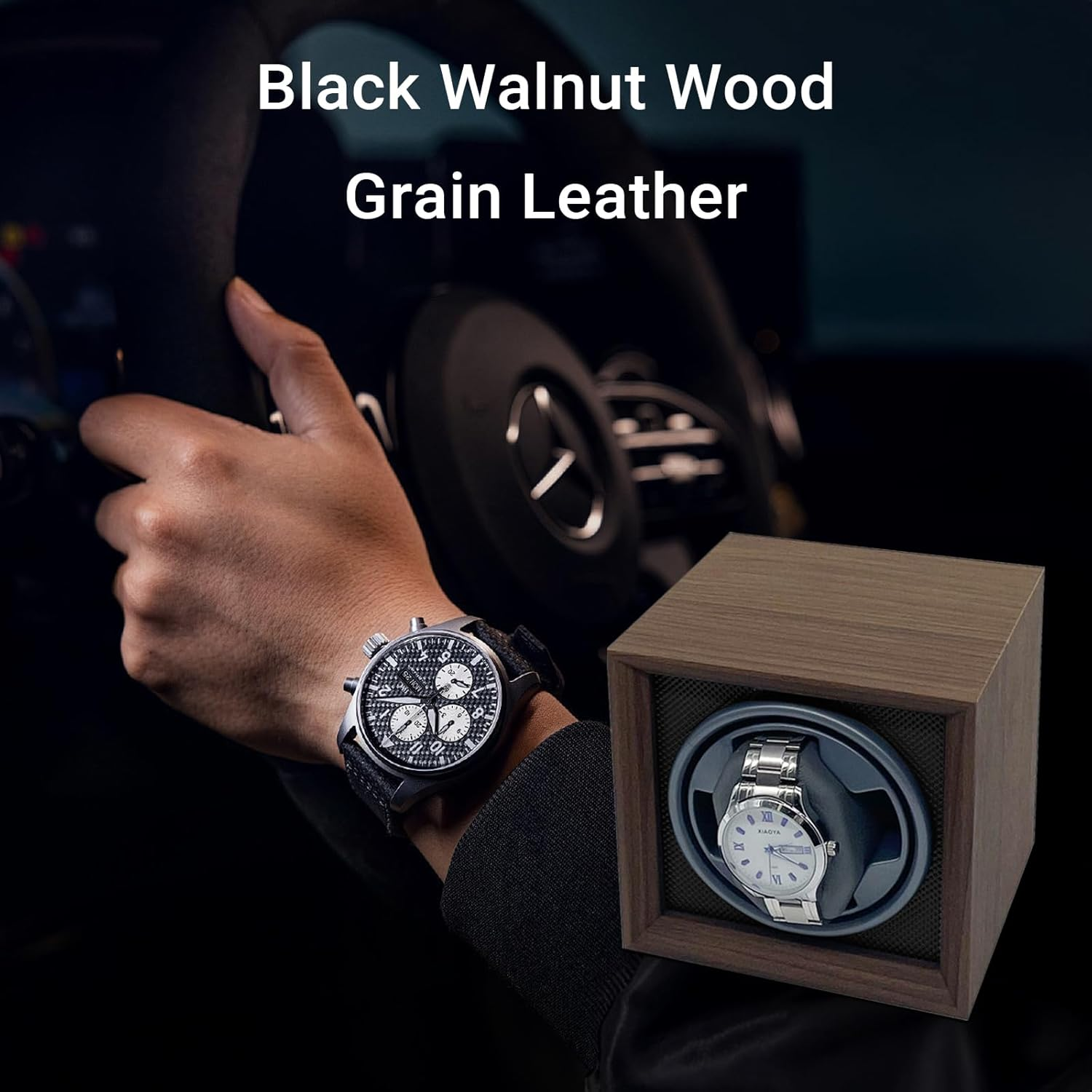 LIAN Automatic Single Watch Winder with Japanese Mabuchi Quiet Motor Wooden PU Leather Soft Flexible Memory Foam Watch Pillows for Men'S and Women'S Watches Blackgrey - Blackgrey image number 5