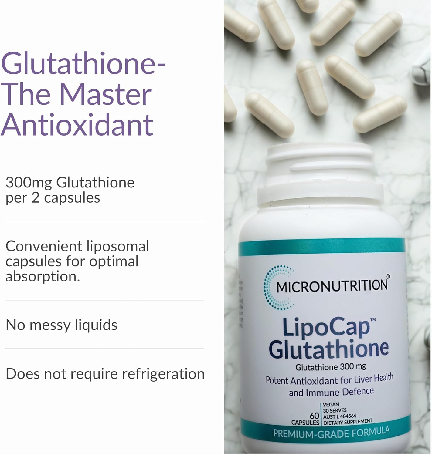 MICRONUTRITION Lipocap Glutathione, Glutathione 300 Mg, Potent Antioxidant for Liver Health and Immune Defence, 60 Vege Caps image number 2